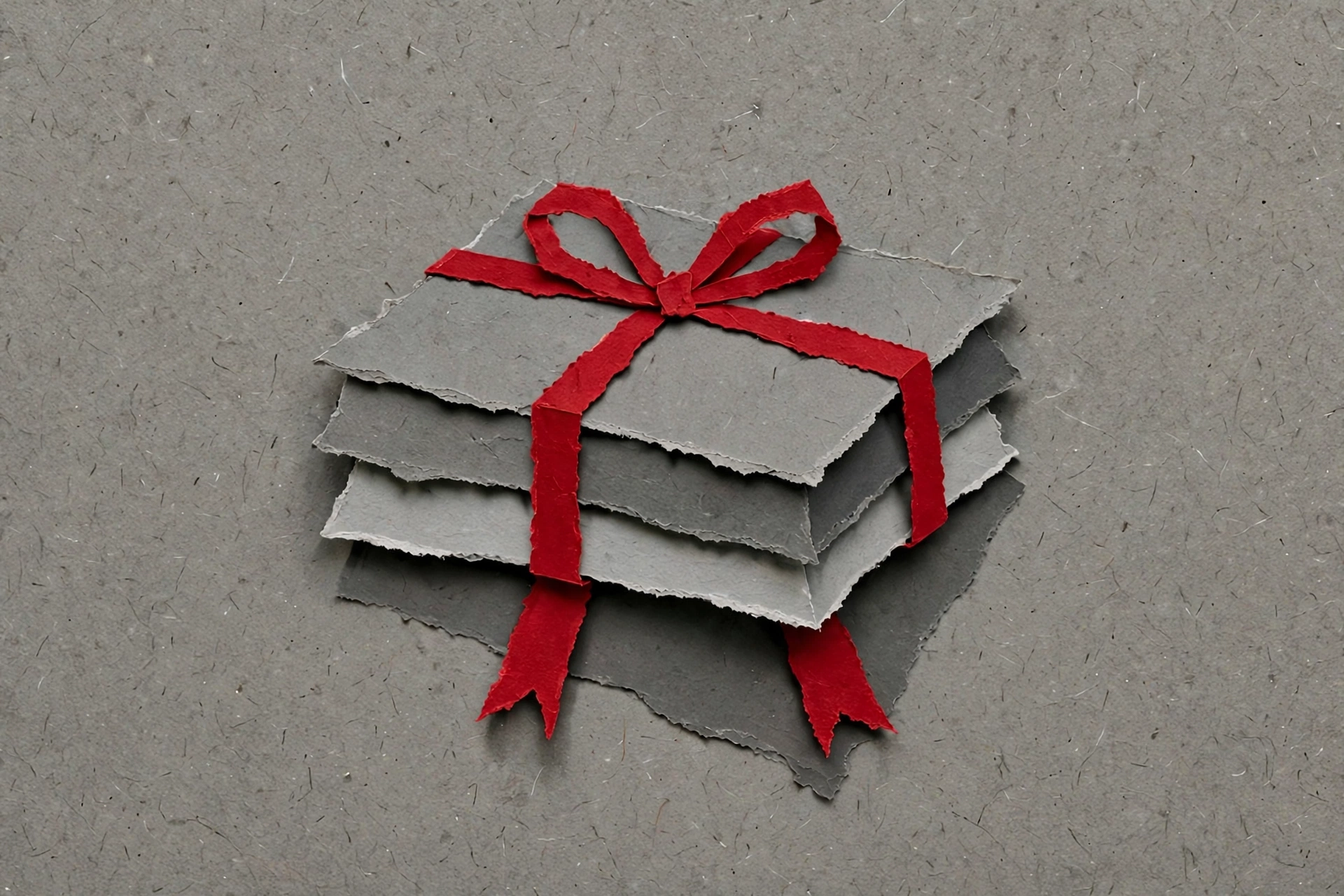 A photograph of stacked gray paper squares tied with a red ribbon.