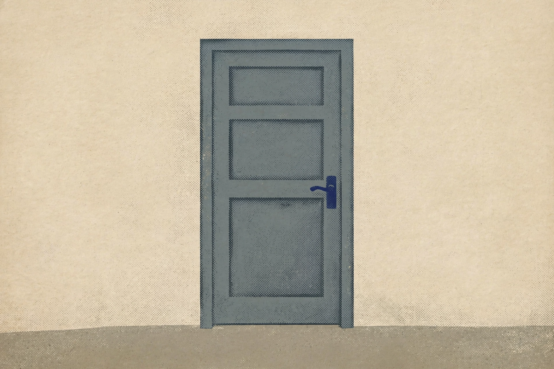 a drawing of a closed blue door with a dark blue handle against a tan wall and a gray floor.