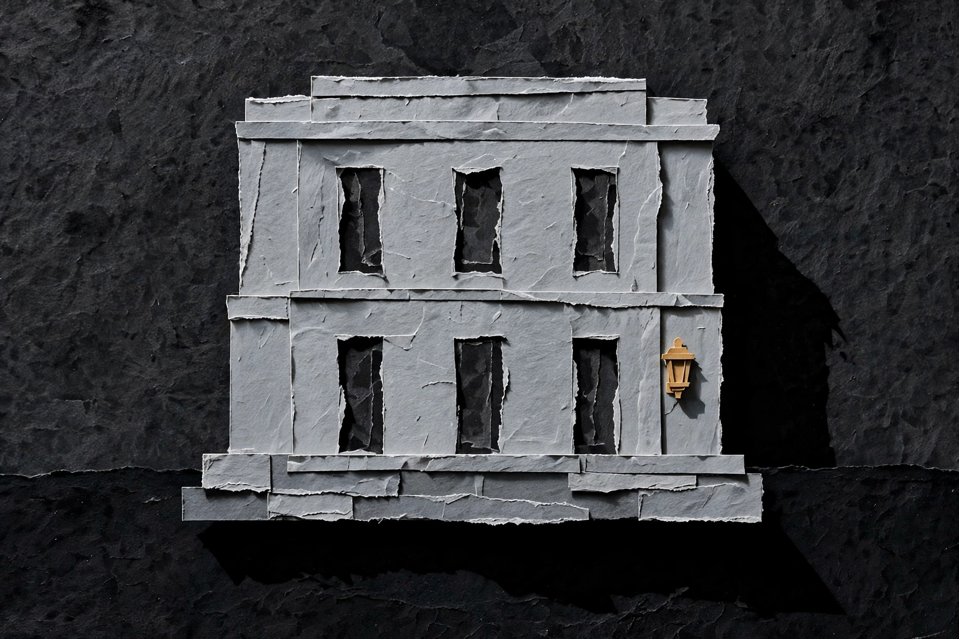 A photograph of a grey, two-story paper-cut building with dark, ragged windows and a small gold lantern on the right side.