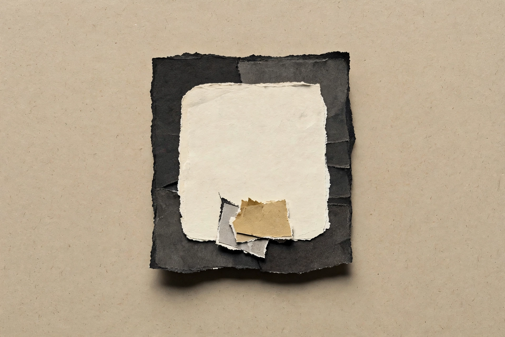 A collage of torn paper layers on a textured background.