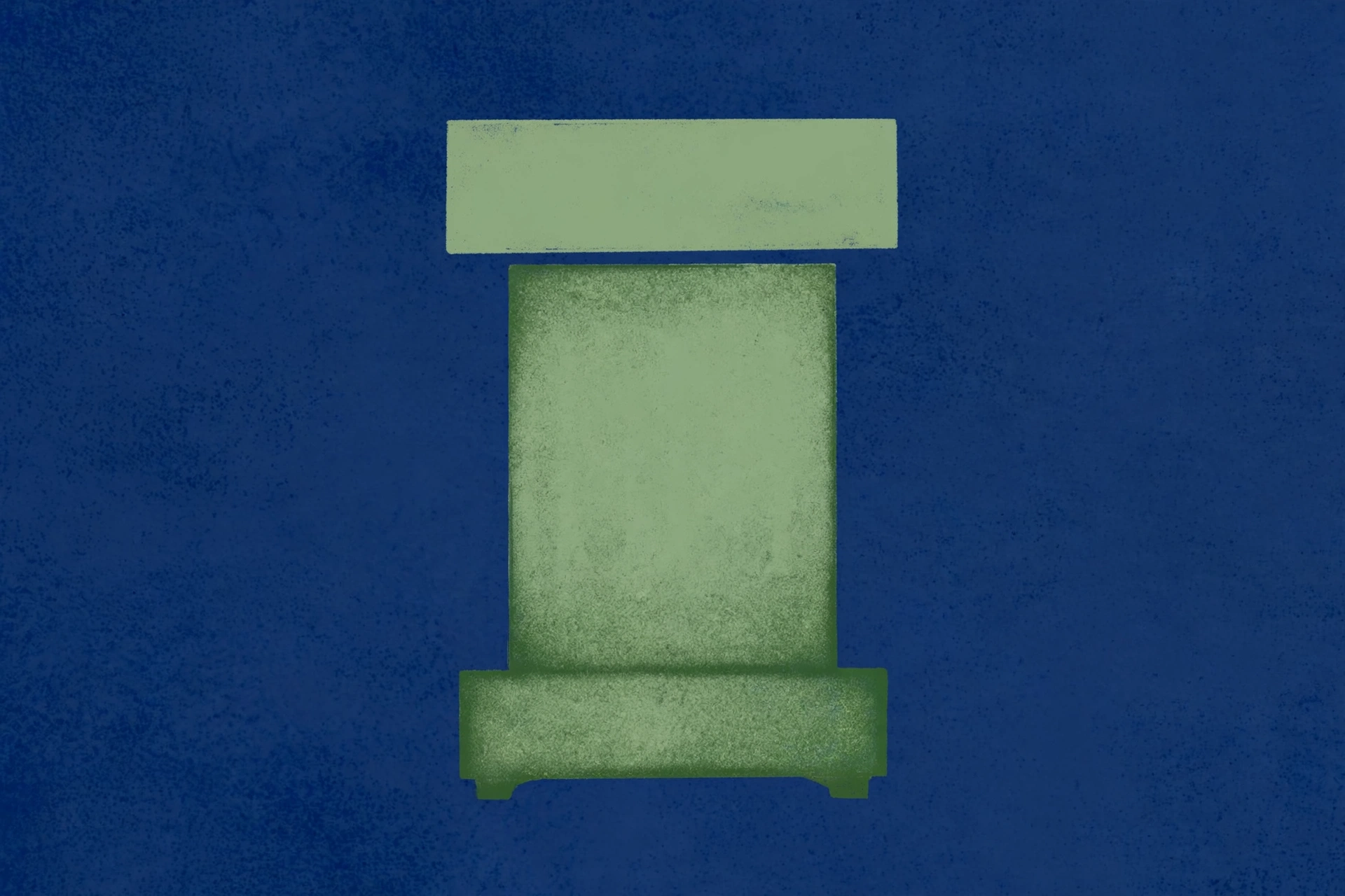 A digital illustration of a green rectangular block on top of another green rectangular block on top of a green base, all set against a blue textured background.
