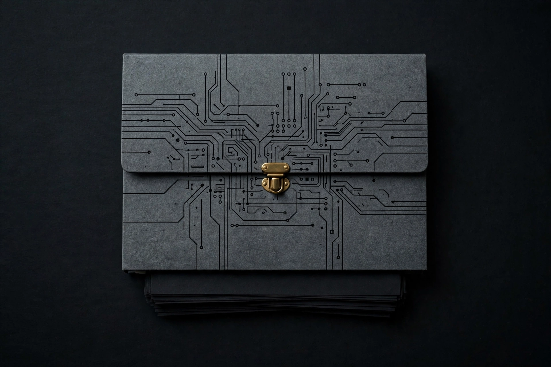 A photograph of a grey folder with a black circuit board pattern and a gold clasp, resting on a stack of black papers.
