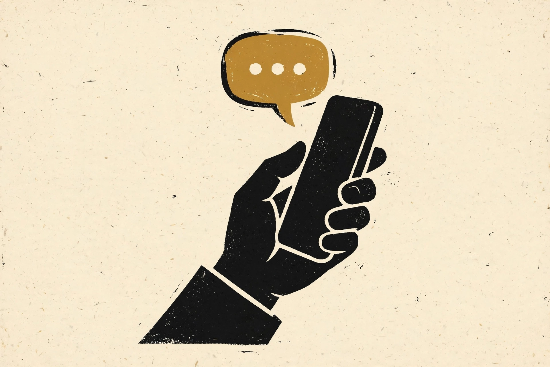 A black and gold illustration of a hand holding a smartphone, with a speech bubble above it.