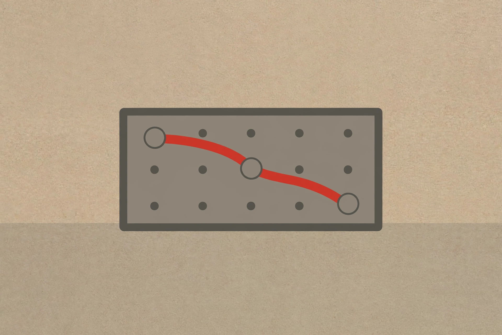 A graphic illustration of a board with pegs and a red line connecting three circles.