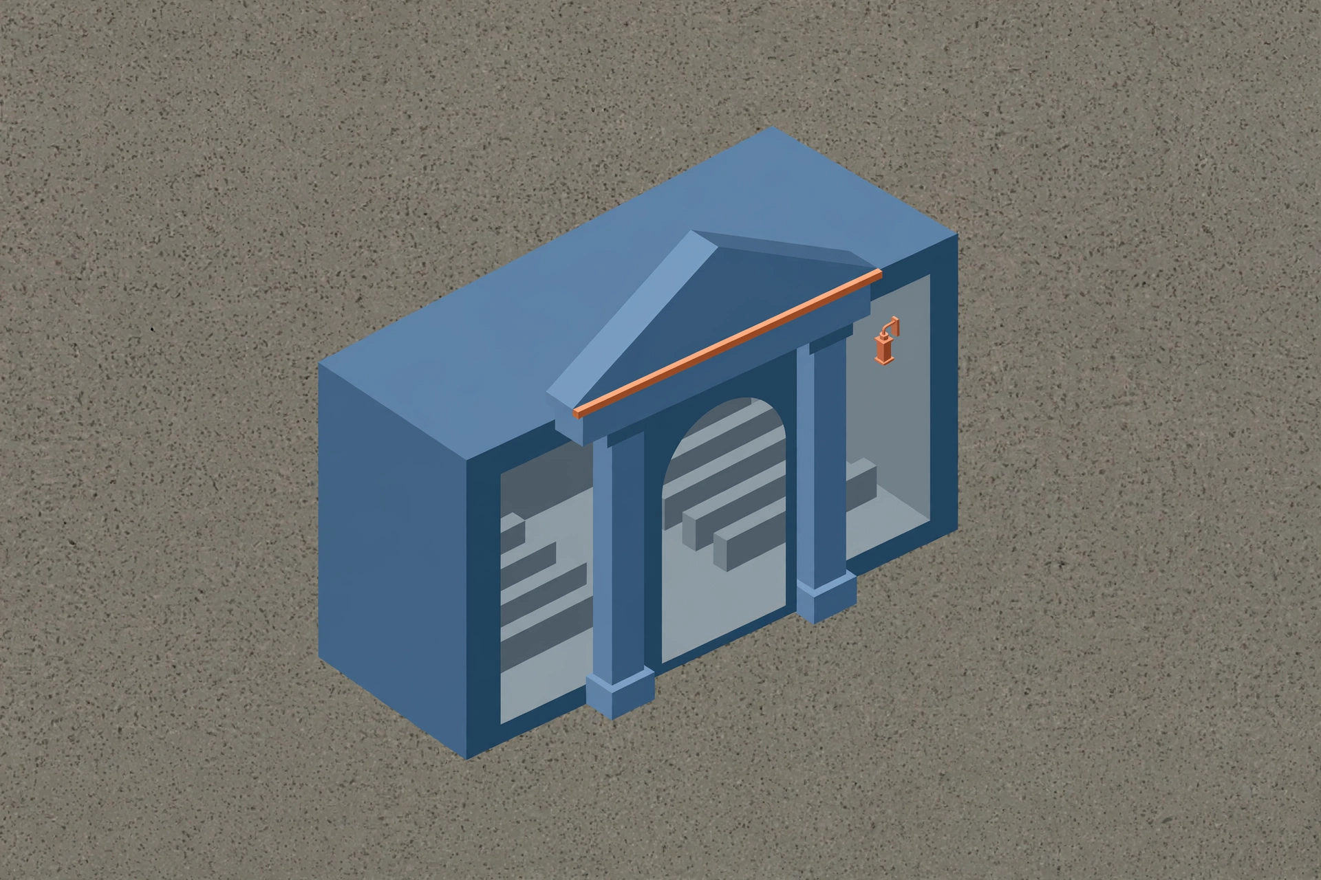 A digital drawing shows a blue, classical-style building with columns and a pediment, set on a gray speckled background.