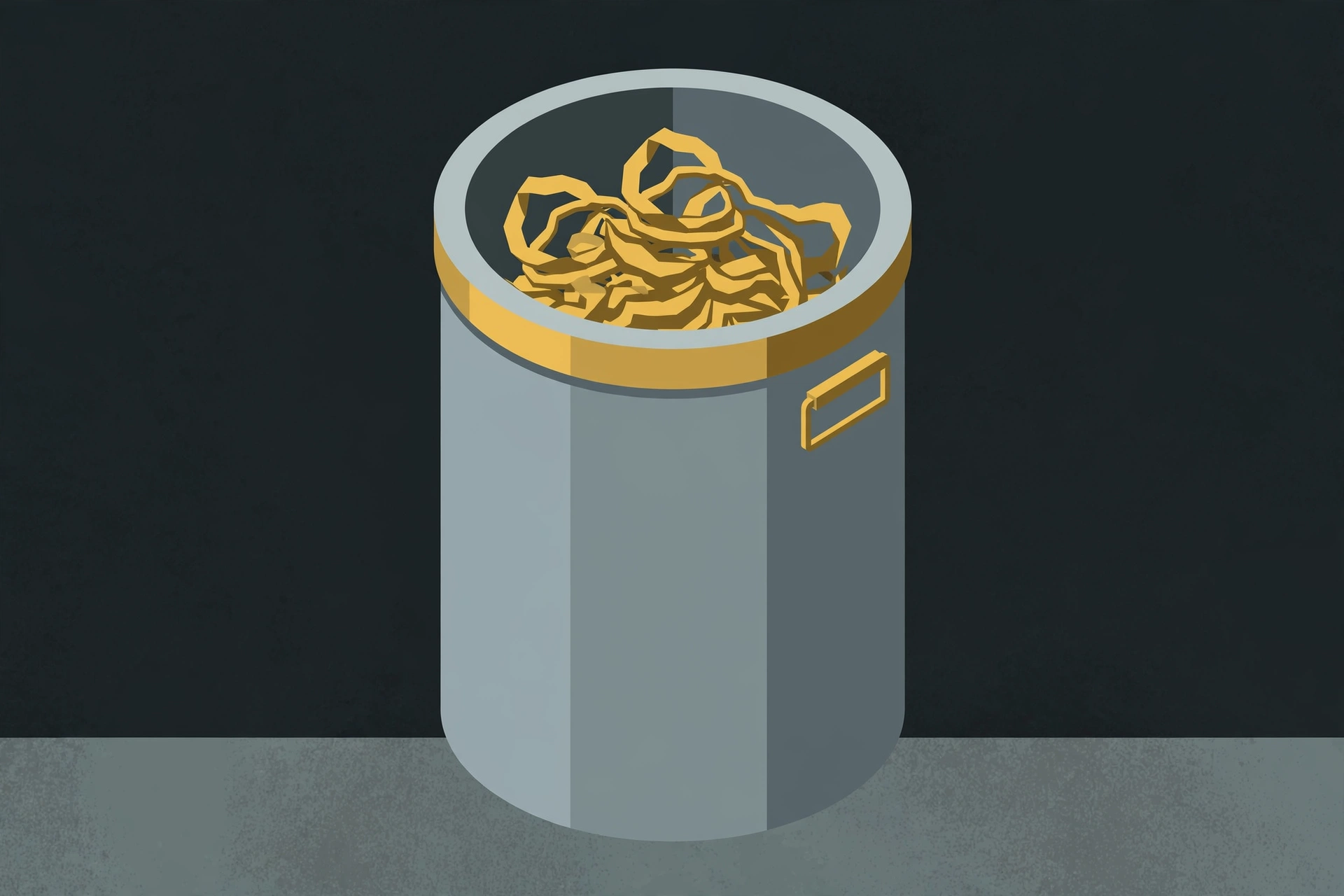 A digital illustration shows a tall gray cylindrical container with a yellow rim and handles, filled with coiled yellow shapes.