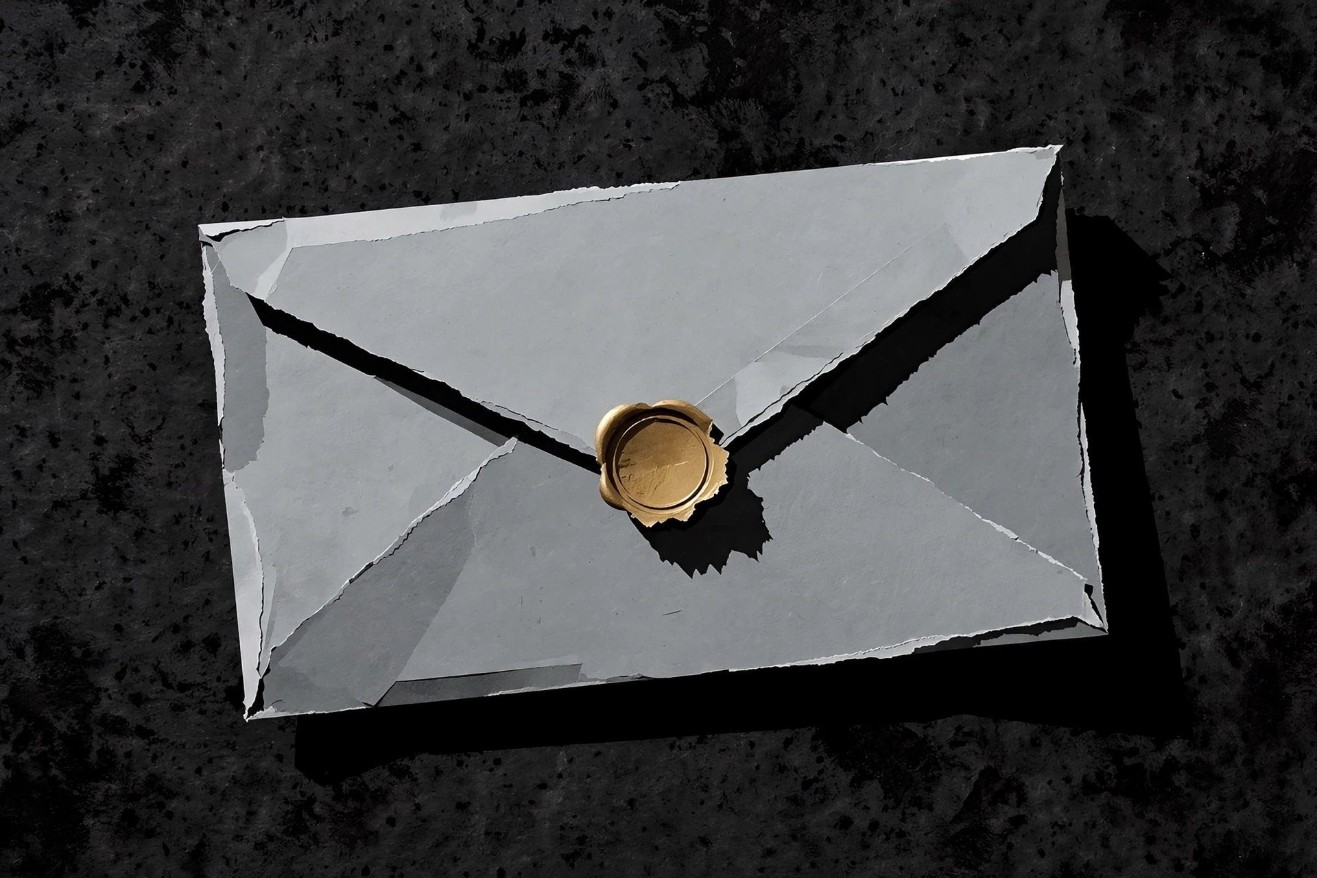 A photograph of a gray envelope with a gold wax seal.