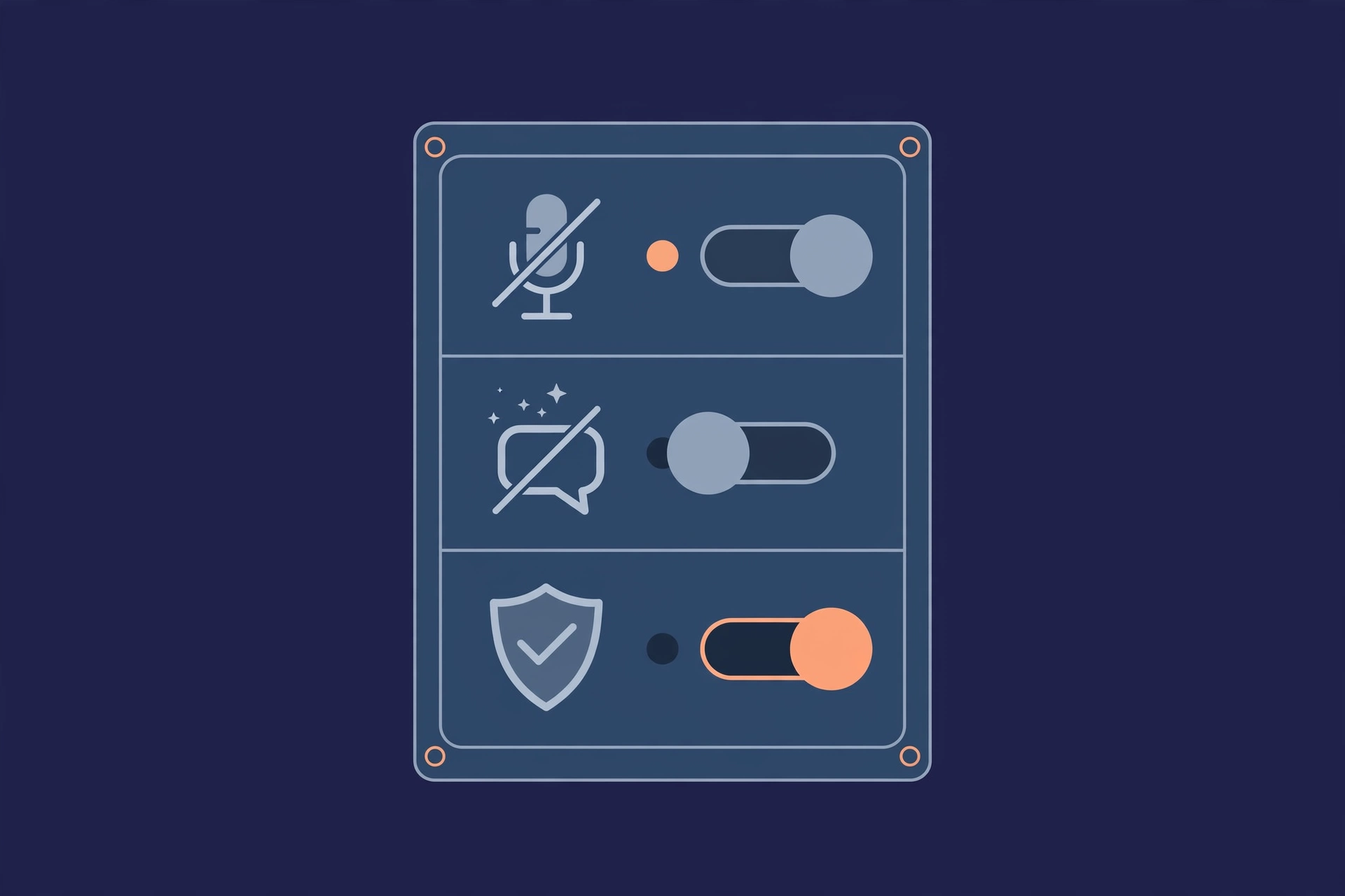 A digital drawing depicts a control panel with three rows of icons and toggle switches.