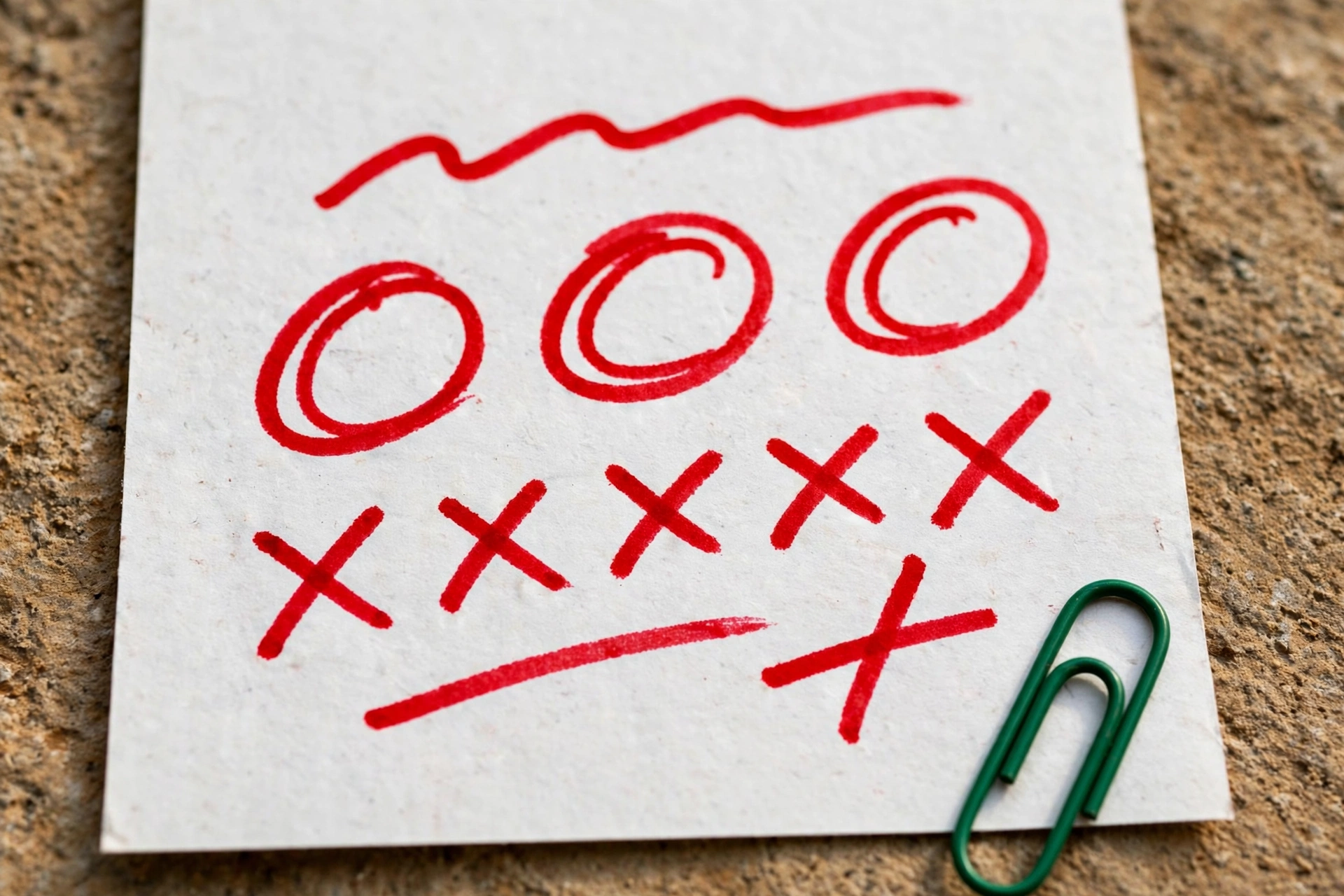 A photograph of a piece of paper with red Xs and Os drawn on it, and a green paperclip.