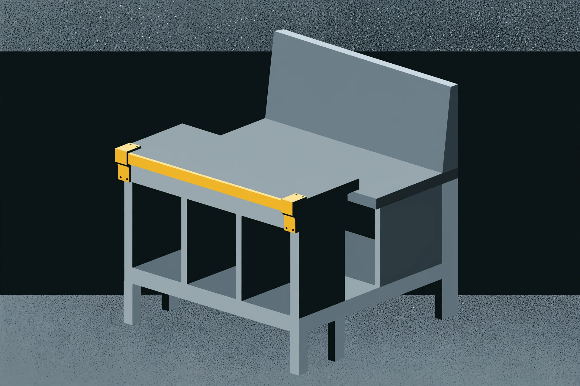 A graphic illustration of a gray, angular desk with yellow accents.