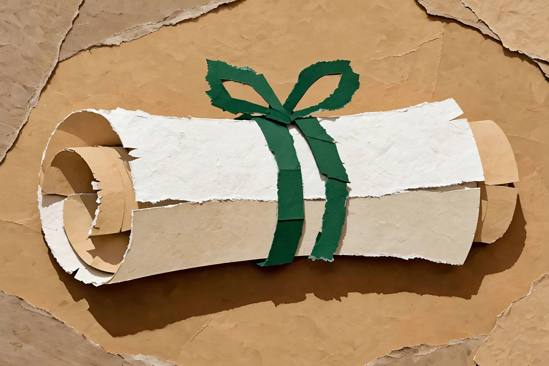 A collage of torn paper forming a rolled scroll tied with a green ribbon.