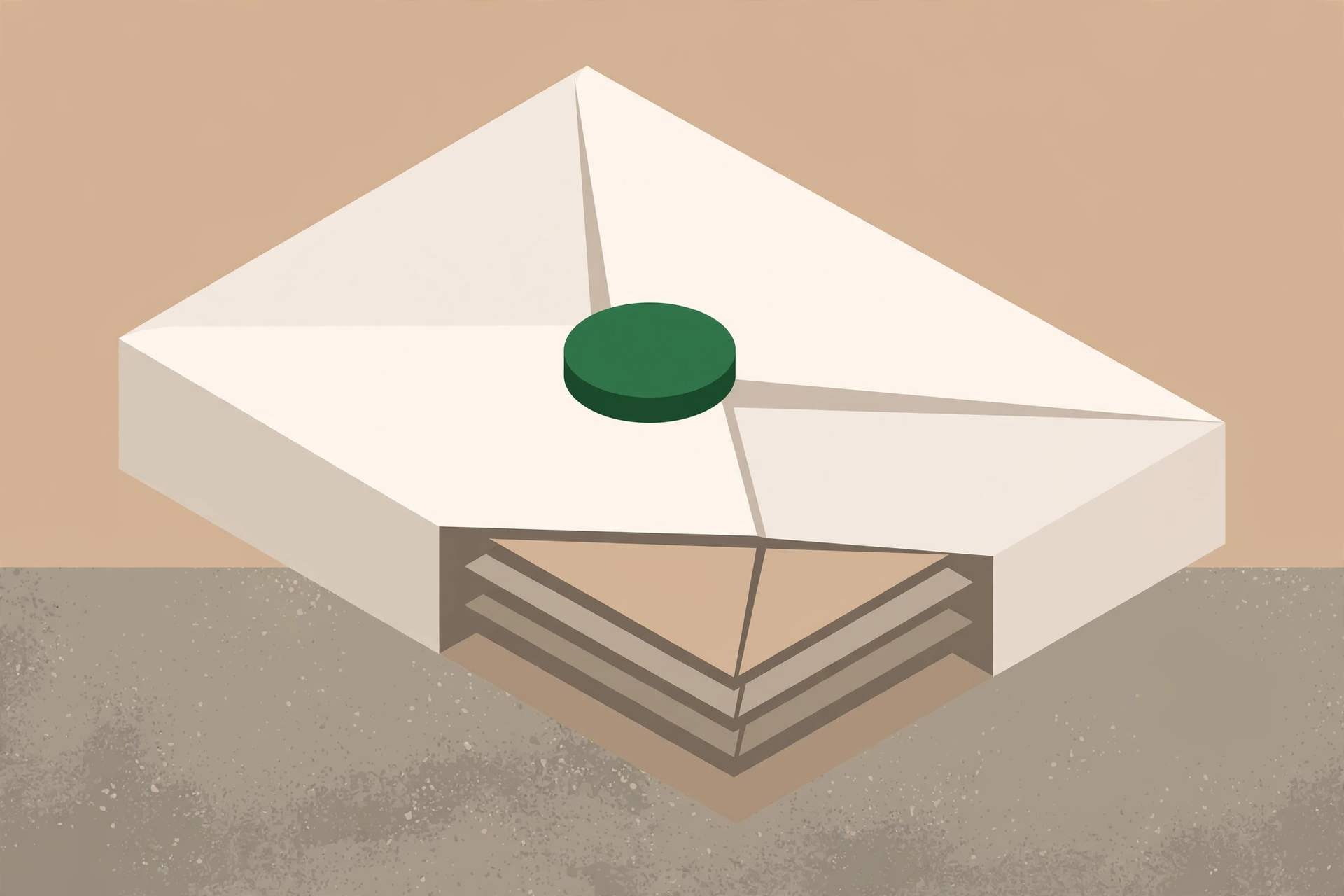 A drawing of an open envelope with layers of paper inside, sealed with a green circle.