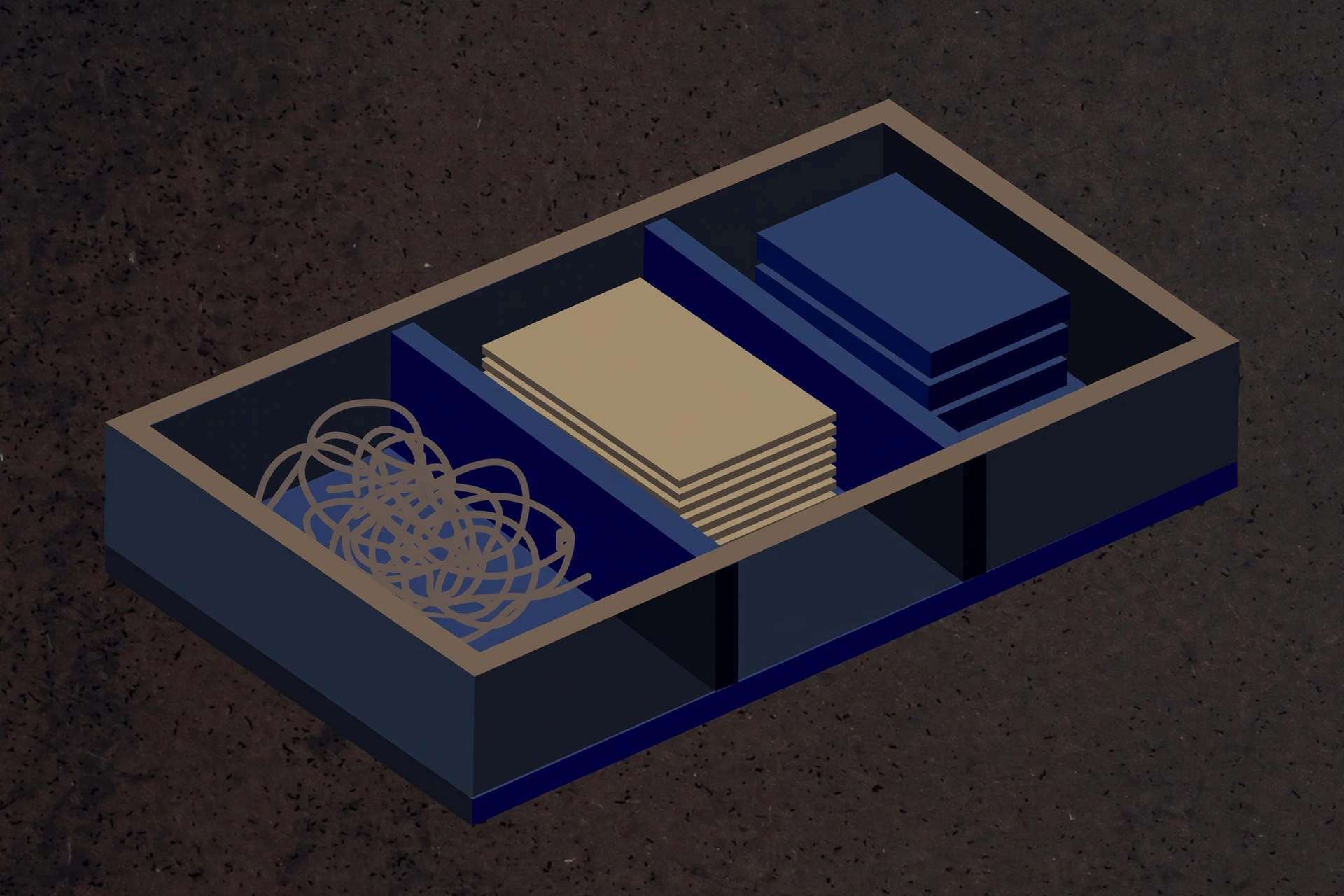 A drawing shows a dark blue compartmentalized box filled with stacks of tan and blue rectangles and a tangle of thin brown lines.