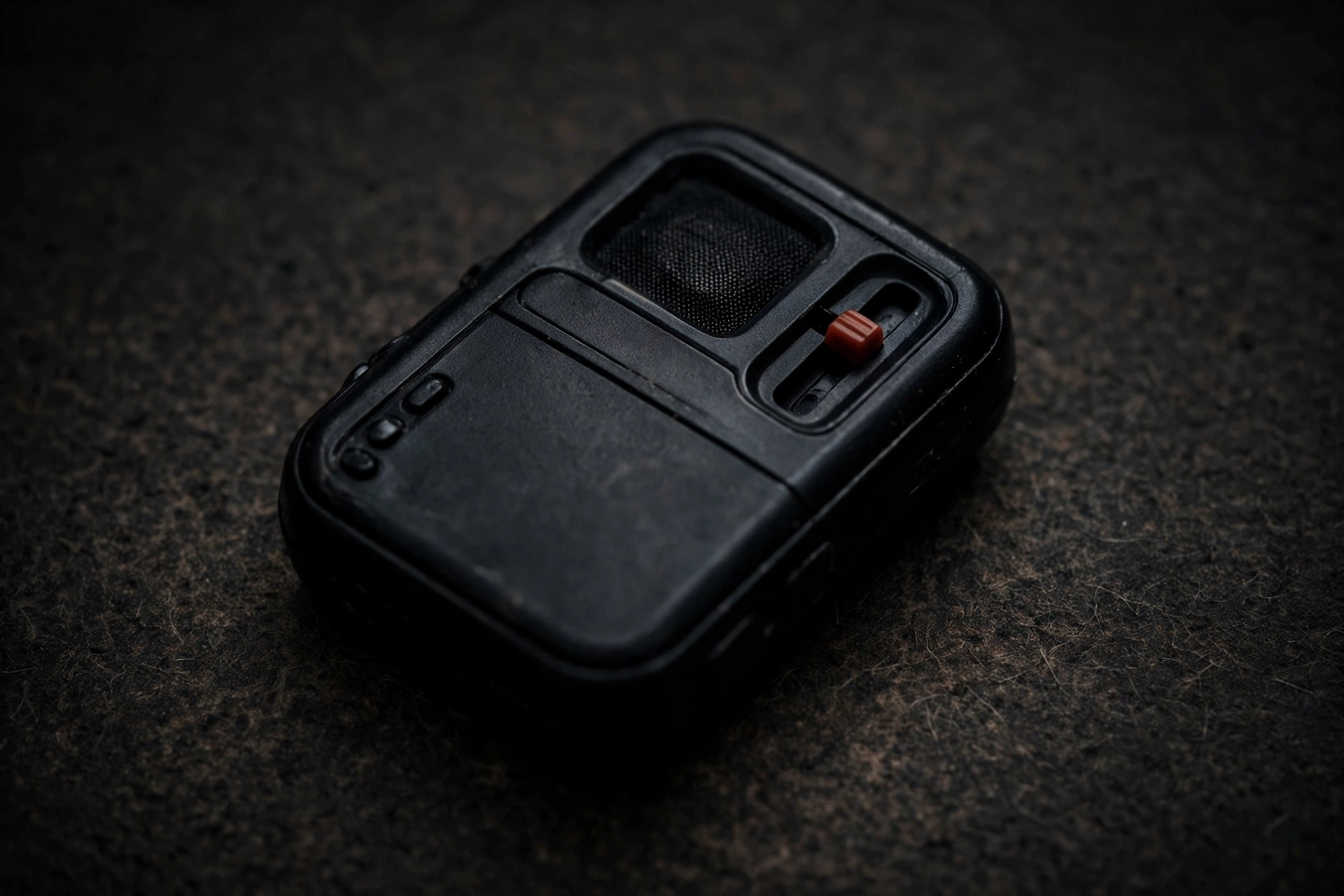 A black pager rests on a textured, dark surface.