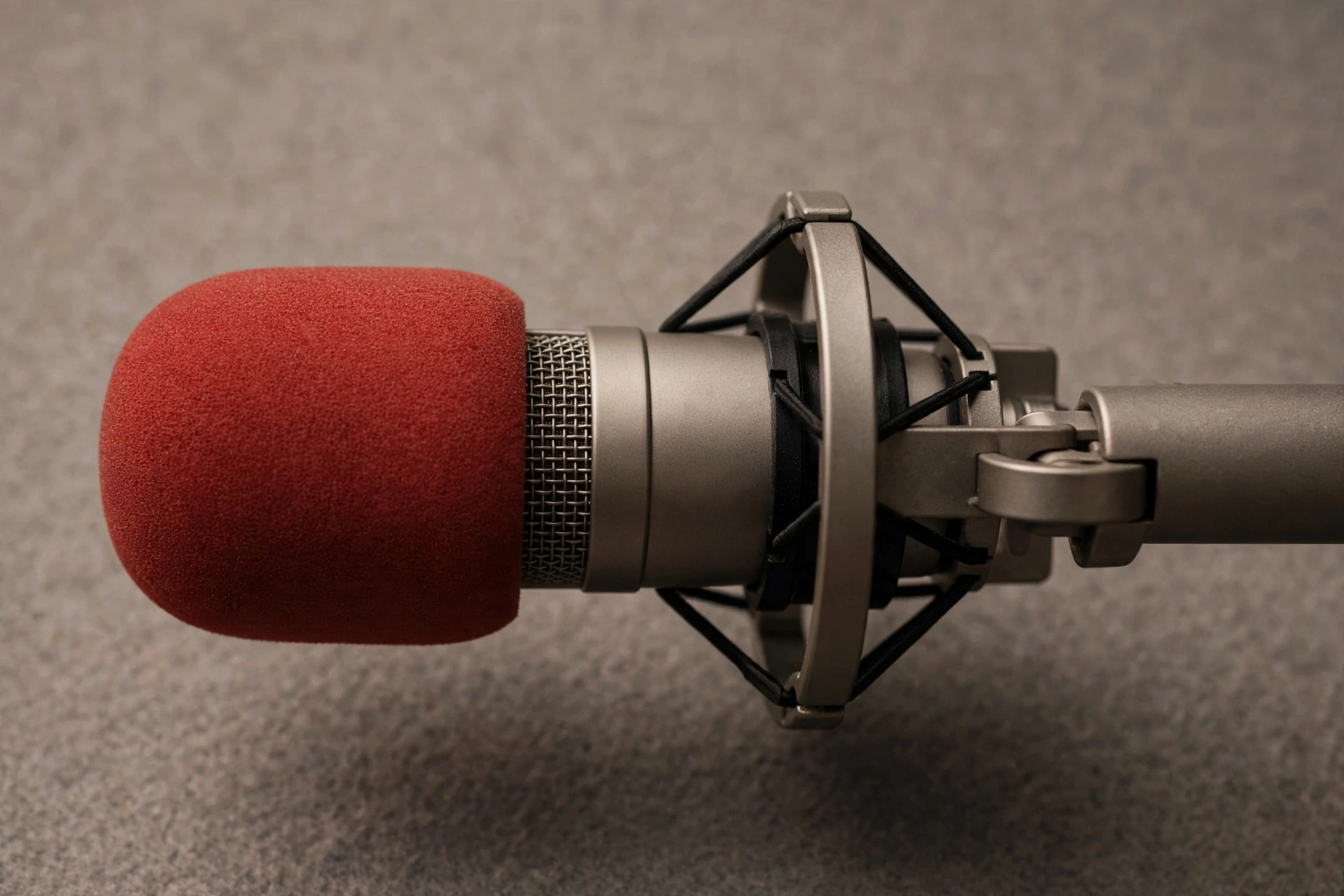 A photograph of a professional microphone with a red windscreen.
