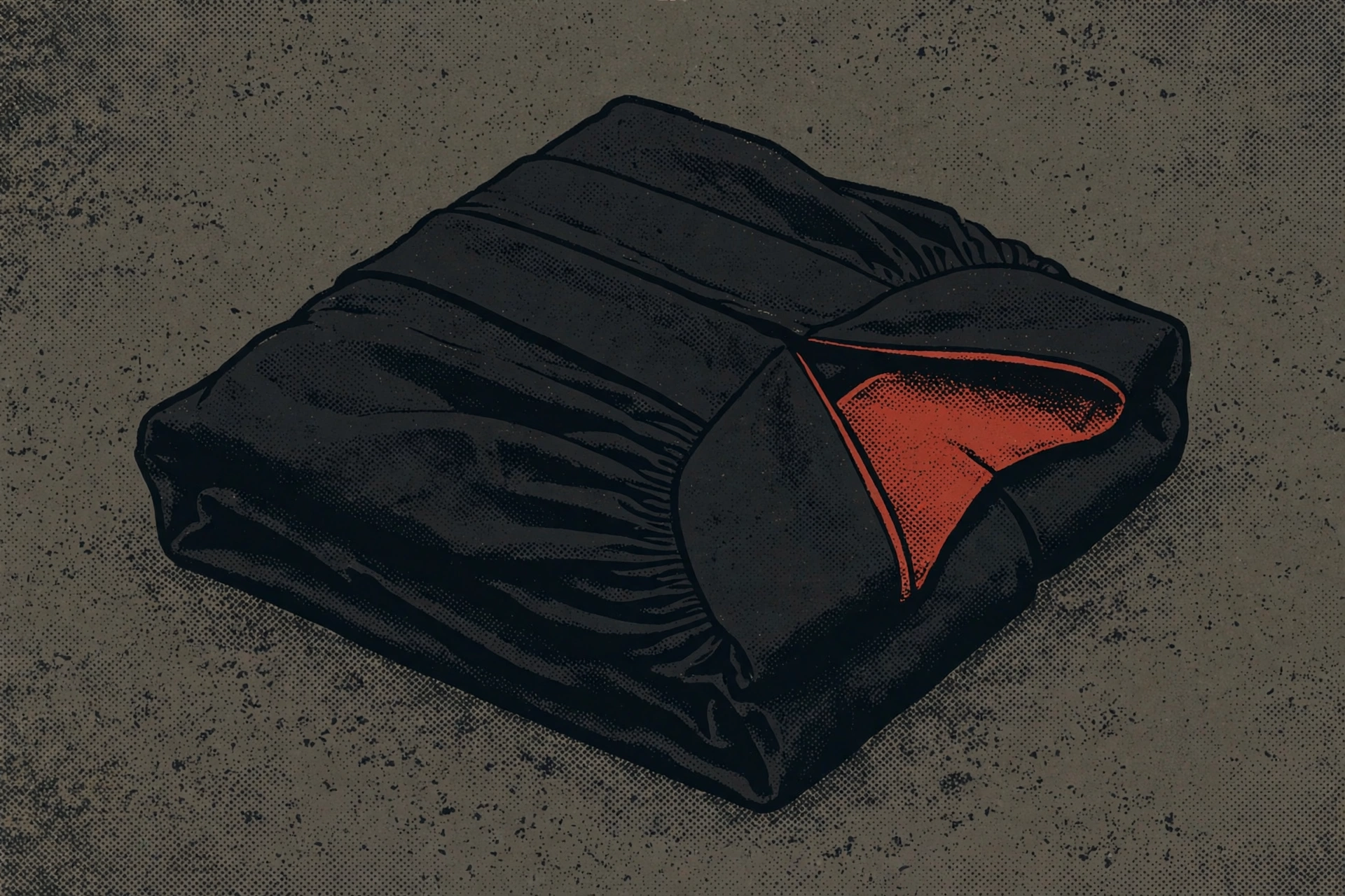 A print of a folded dark sheet with a red interior lining.