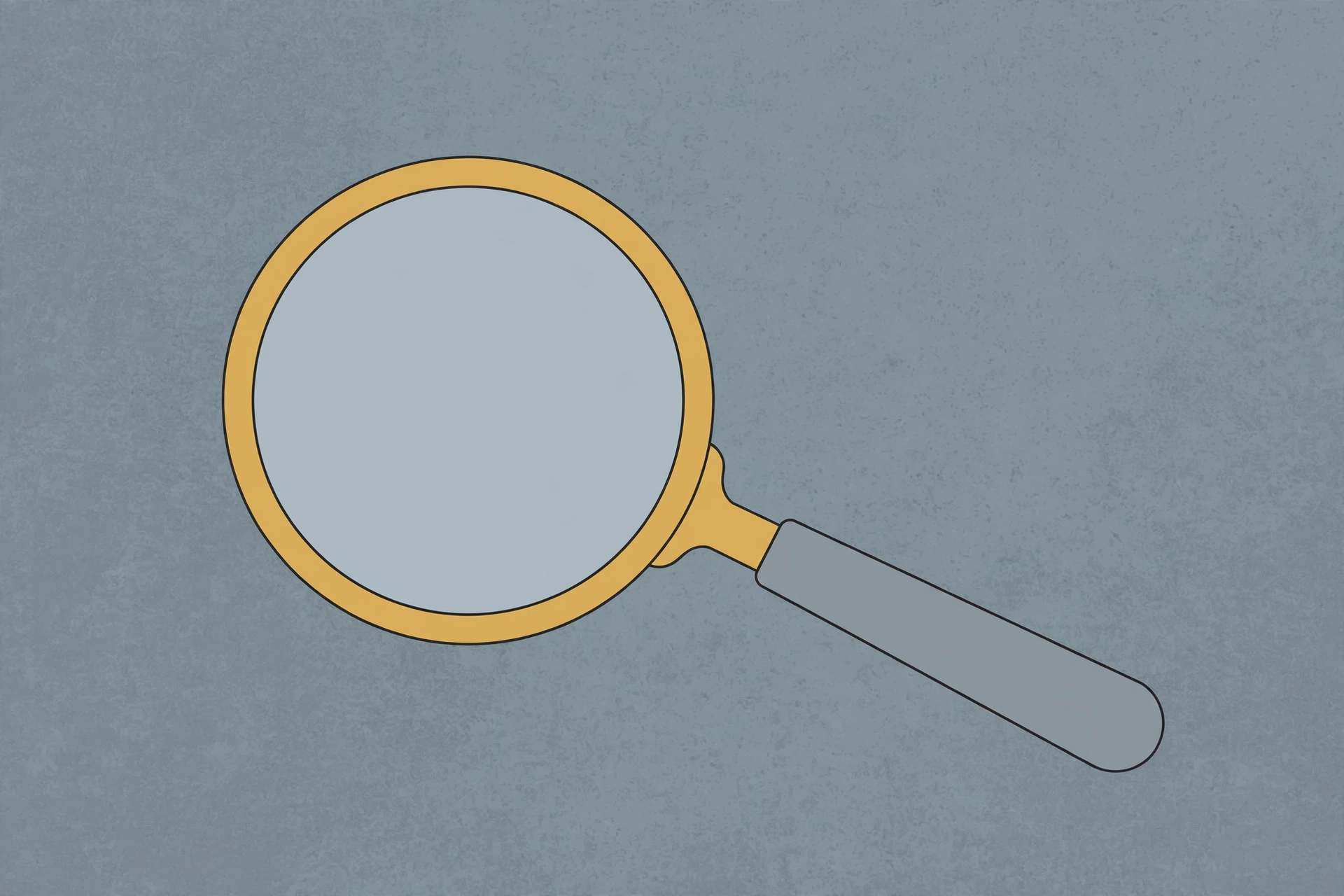 A drawing of a magnifying glass with a gray handle and a yellow rim.