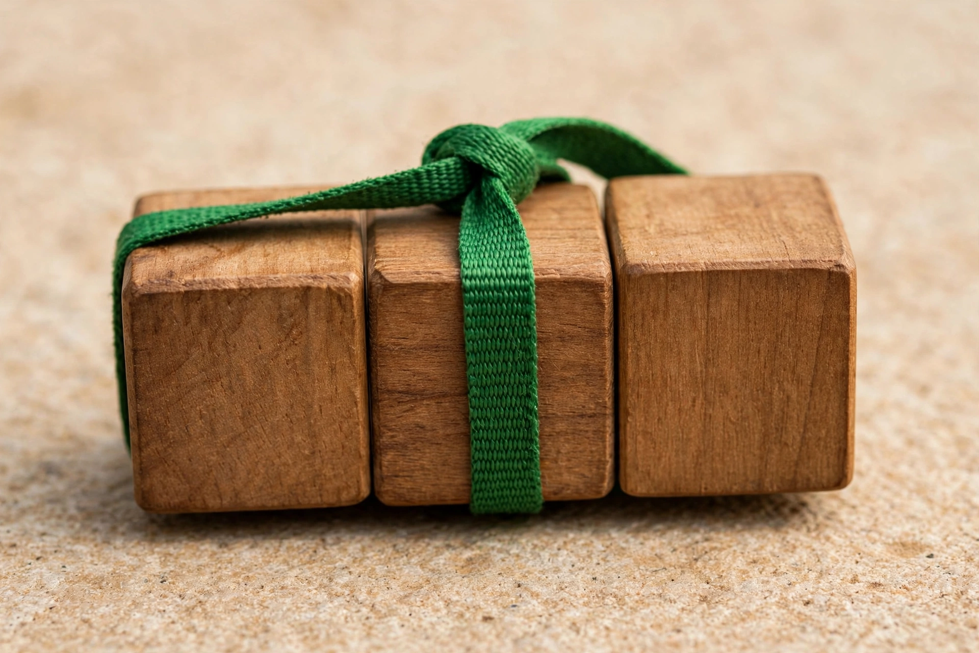 A photograph of three wooden blocks tied together with a green ribbon.
