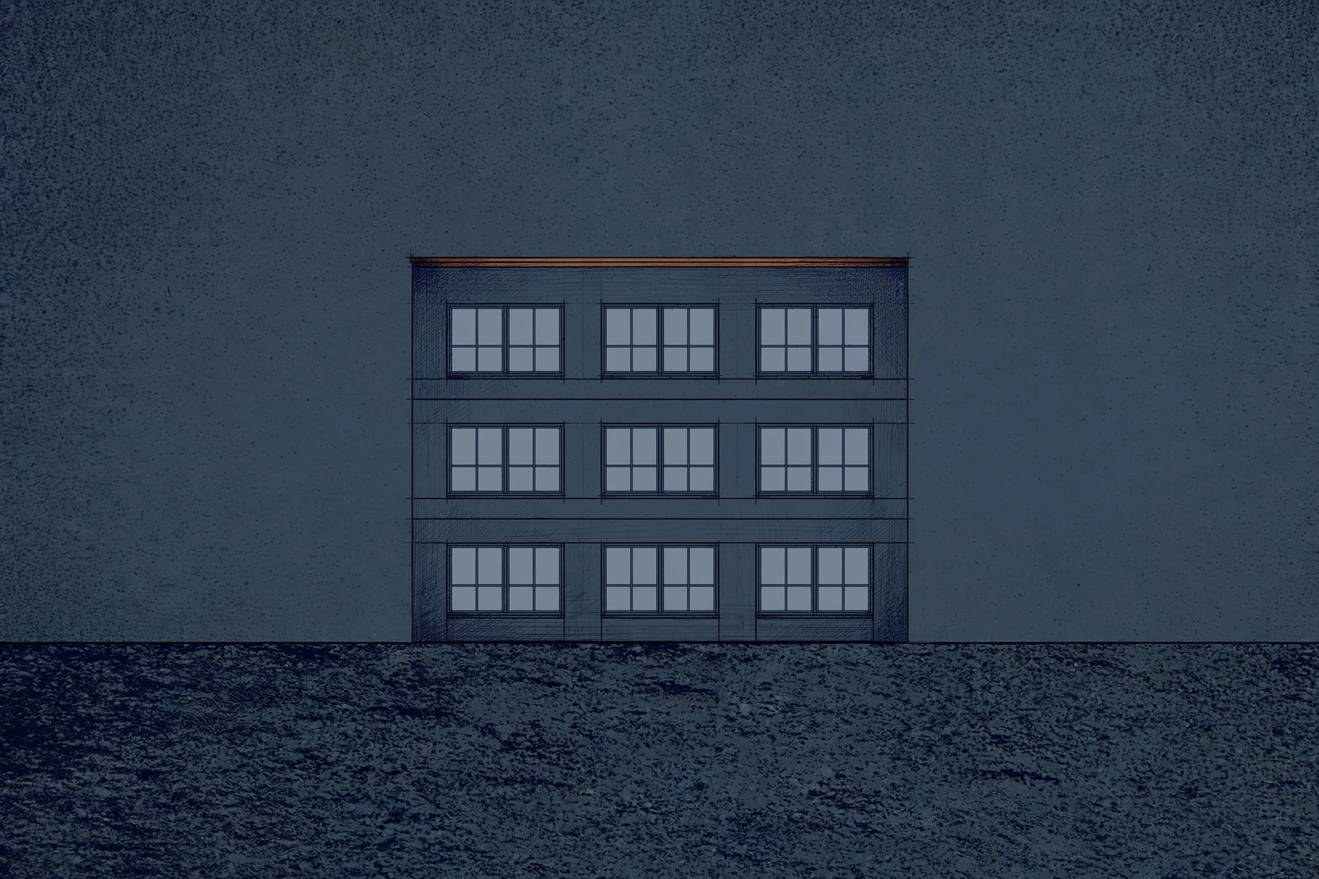 A drawing of a three-story building with many windows is centered in the frame.