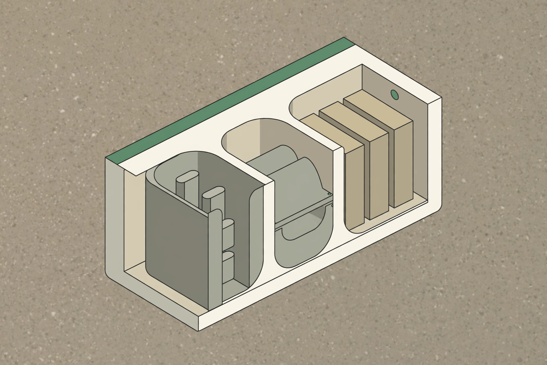 A drawing of a cross-section of a septic tank with three internal chambers.