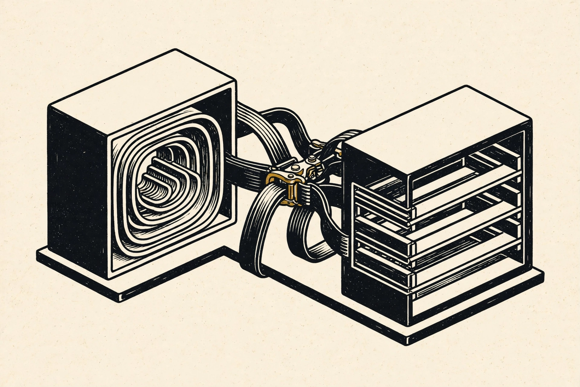 A drawing of two interconnected rectangular boxes with cables and a central coupling mechanism.