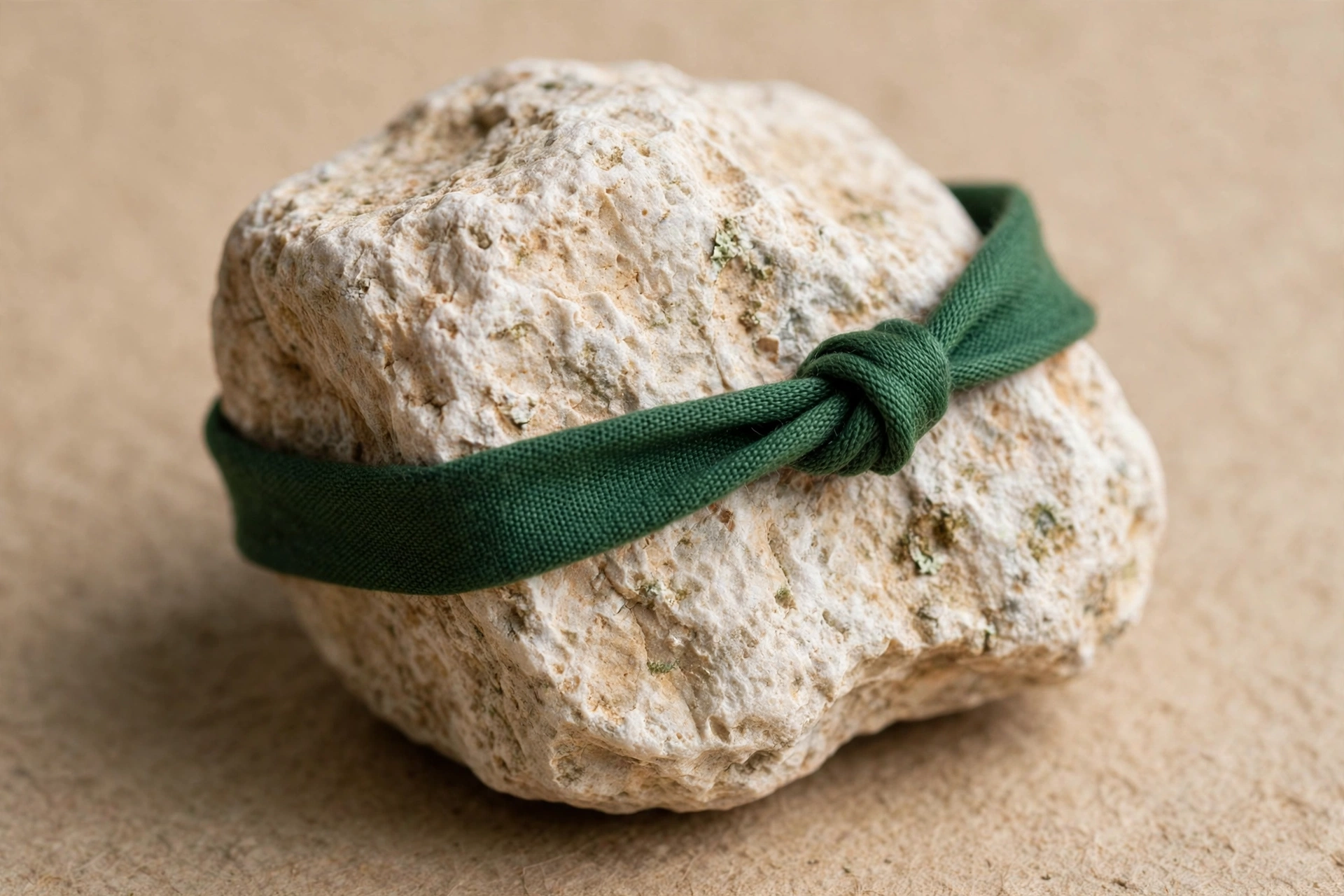 A photograph shows a rough, light-colored stone with a dark green fabric band tied around its center.