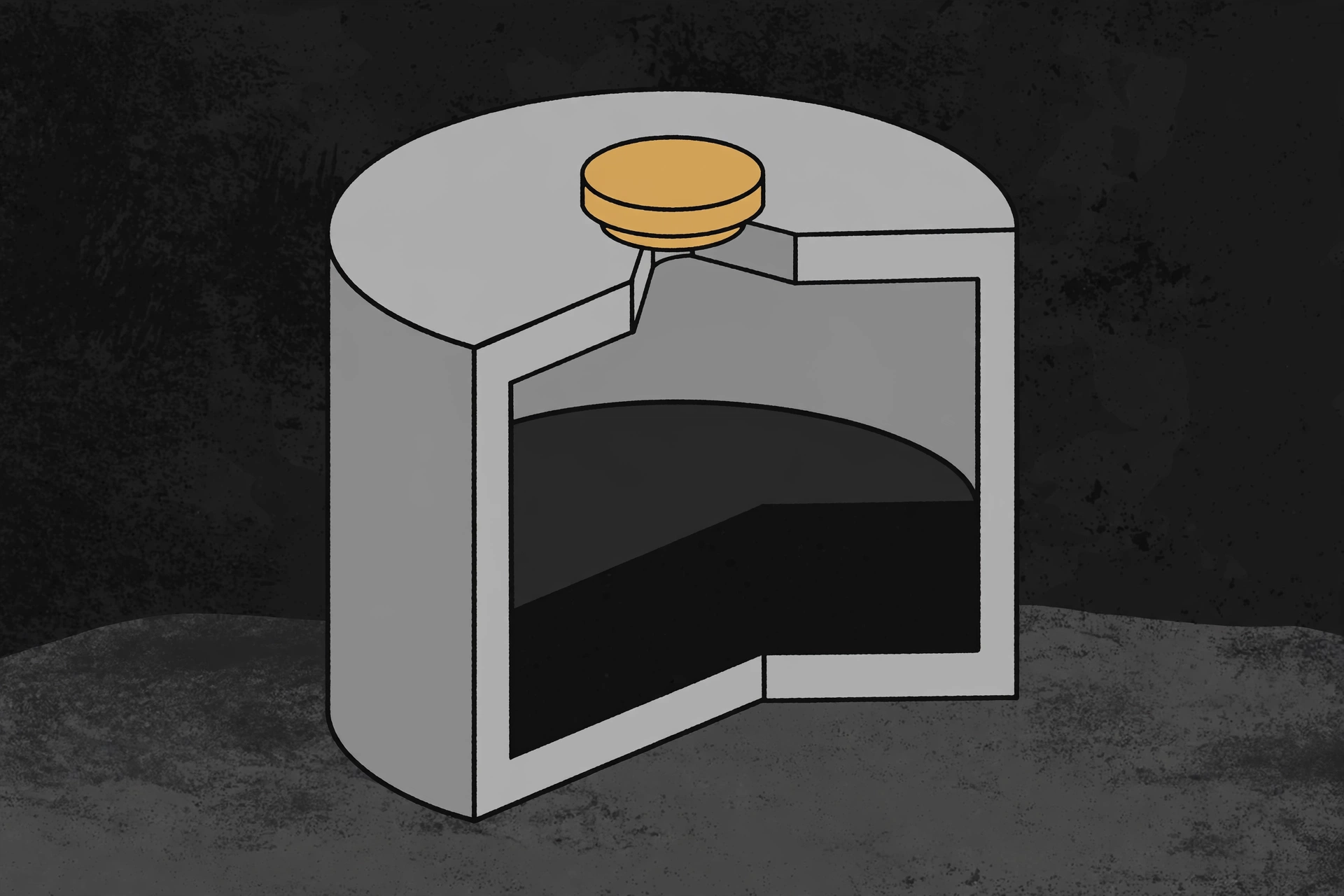 A drawing shows a cutaway view of a gray cylindrical container with a golden lid.