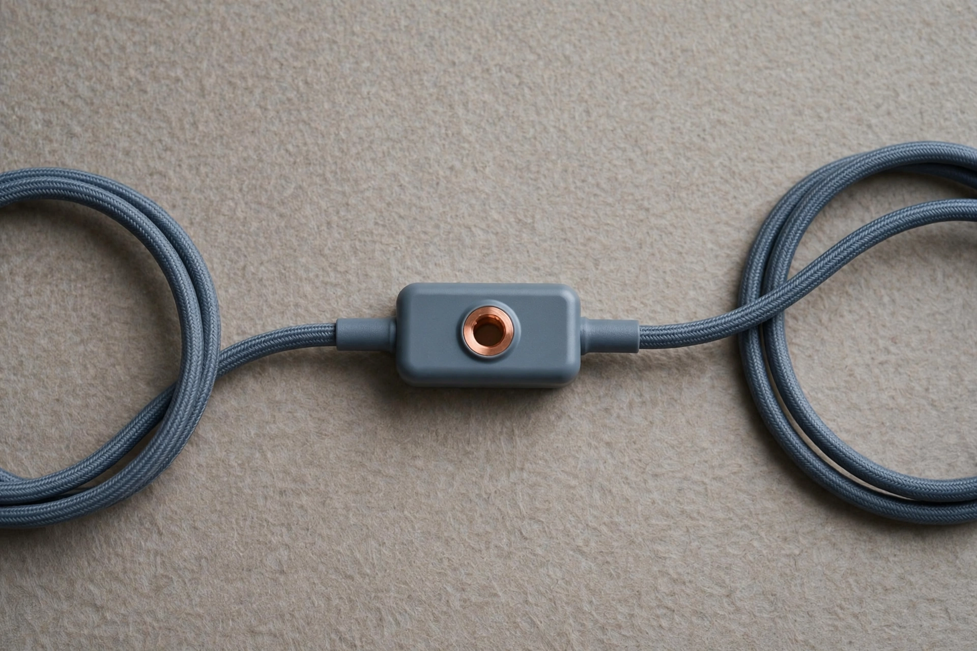 A photograph shows a gray electrical cable with a gray inline switch and a copper-colored ring on a tan, textured surface.