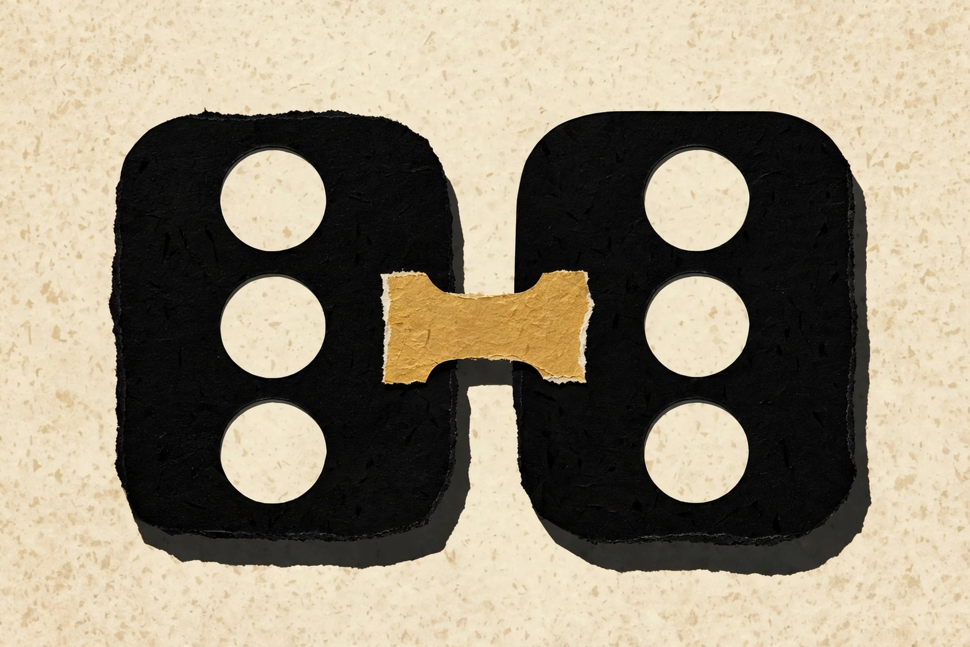 A digital illustration depicts two black shapes with white circles, resembling dice faces, connected by a torn piece of tan paper.