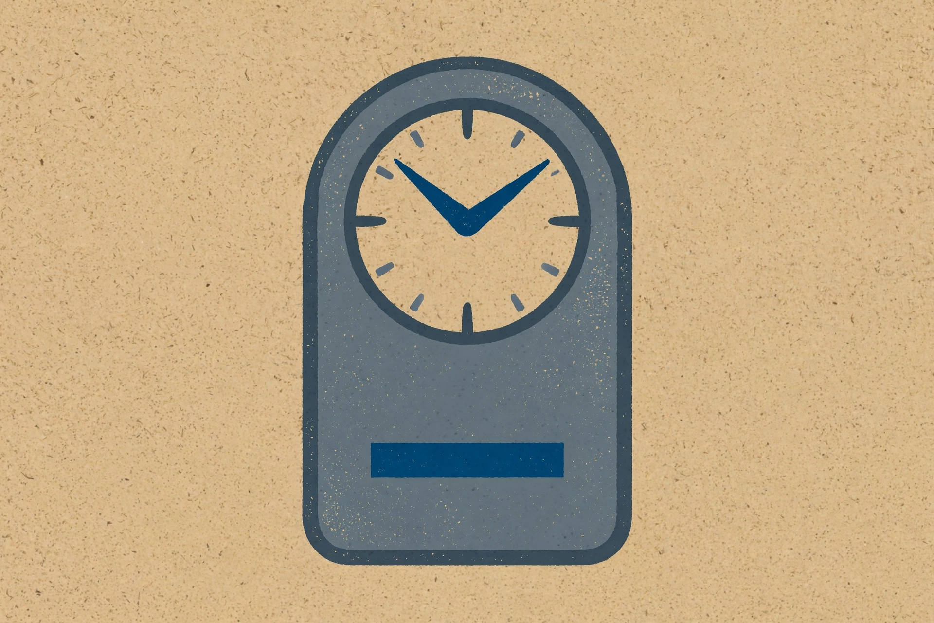 A drawing of a blue clock with dark blue hands against a light brown textured background.