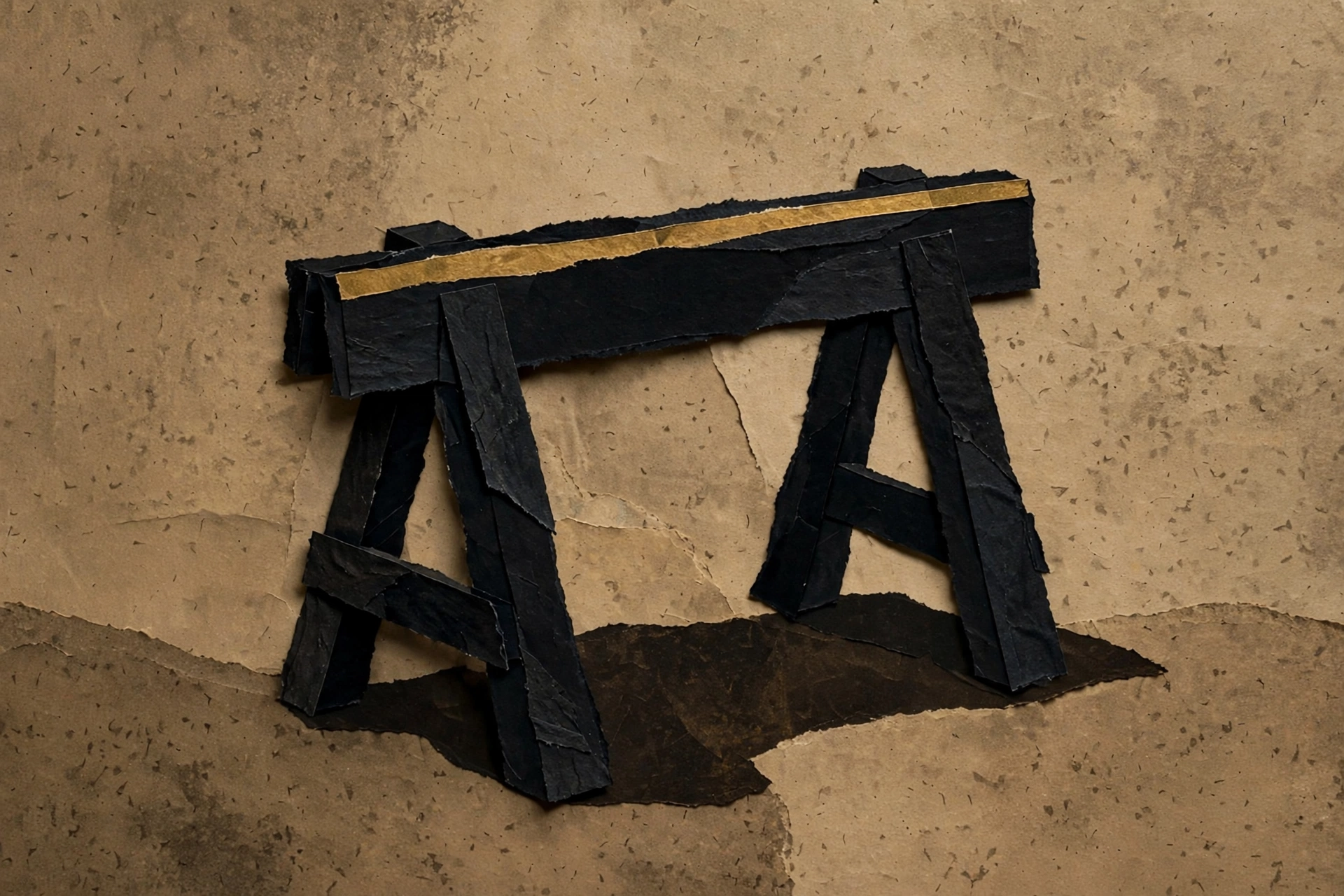 A photograph of a black paper easel with a torn gold stripe.