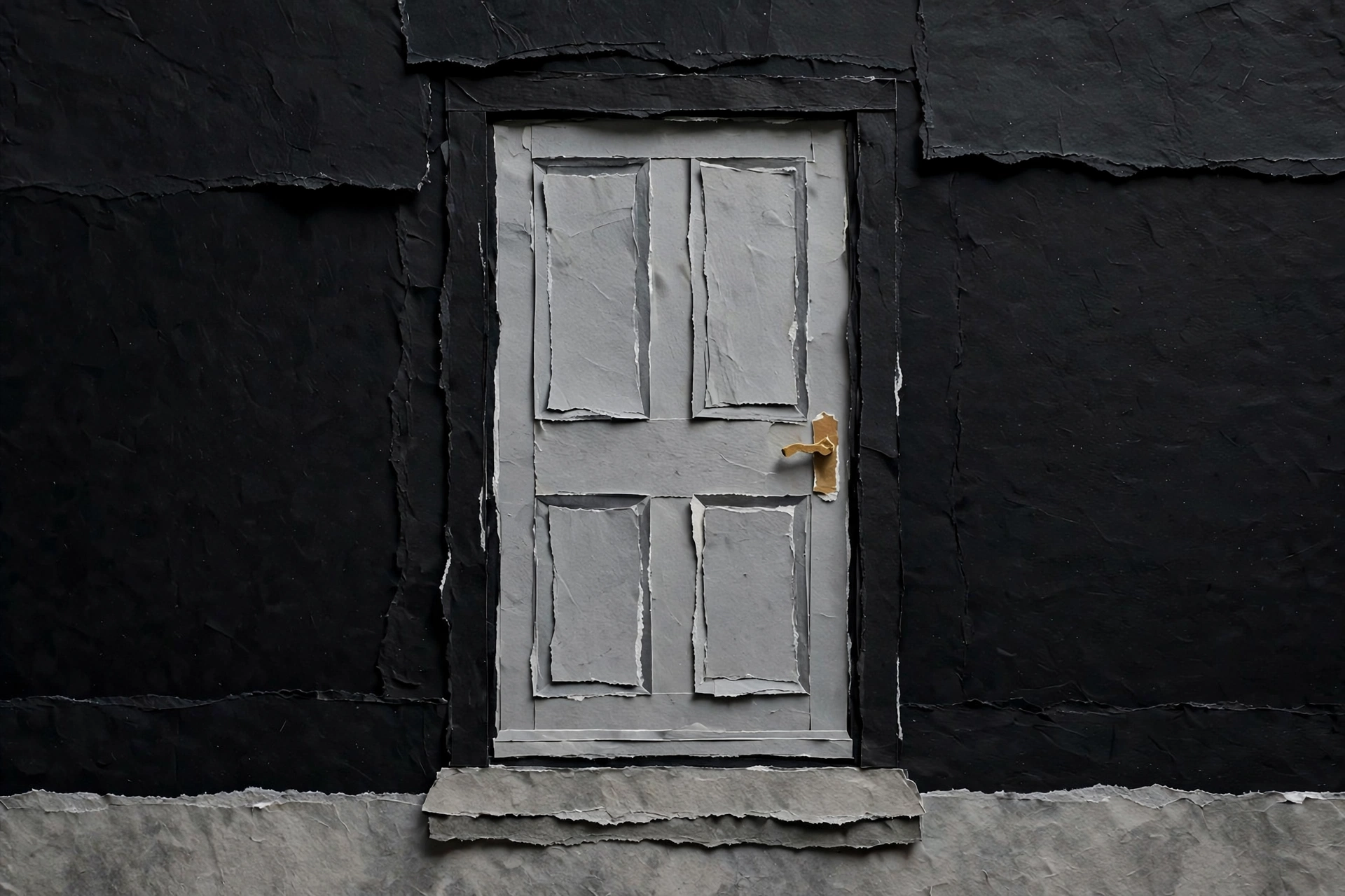 A collage depicts a closed gray door with a golden handle set into a black wall.