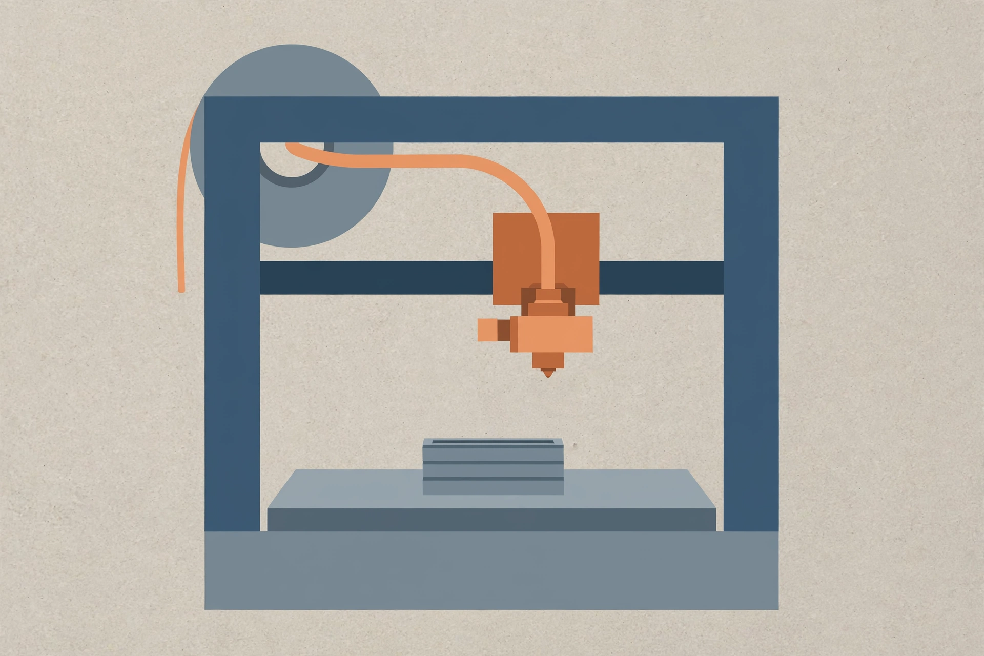 A digital illustration of a 3D printer with a spool of orange filament.