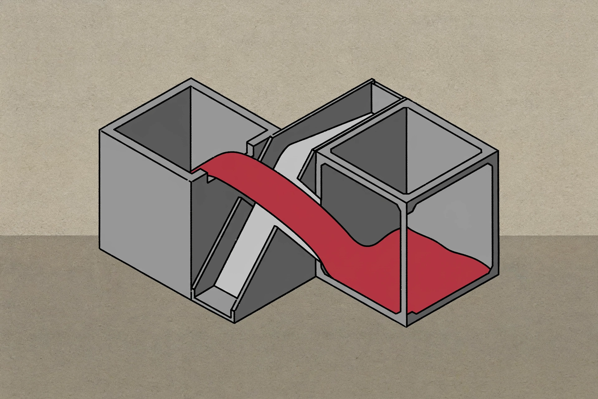 A drawing of two grey square boxes connected by a red flowing substance.
