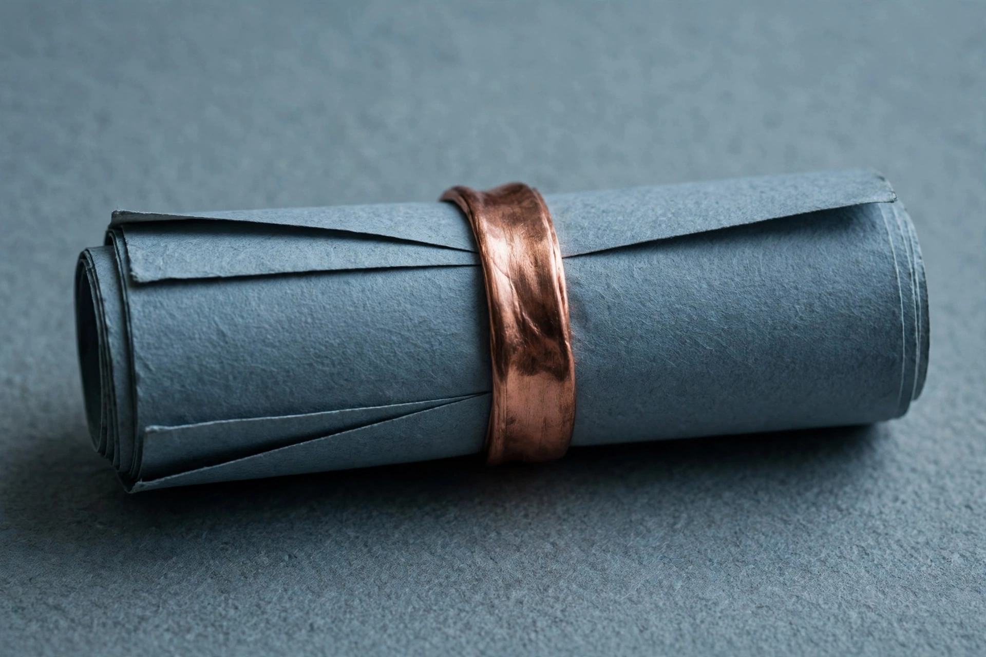 A photograph shows a rolled-up piece of grey paper secured by a copper band.