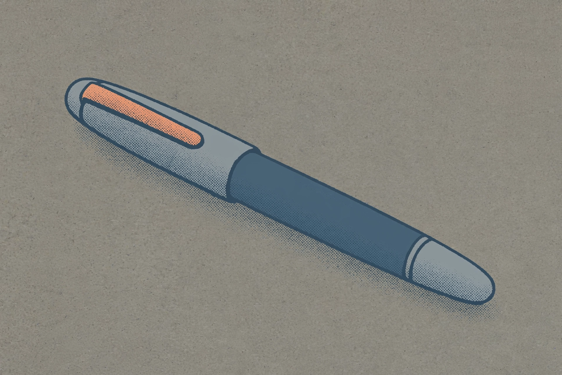 A drawing of a pen lying on a textured grey surface.