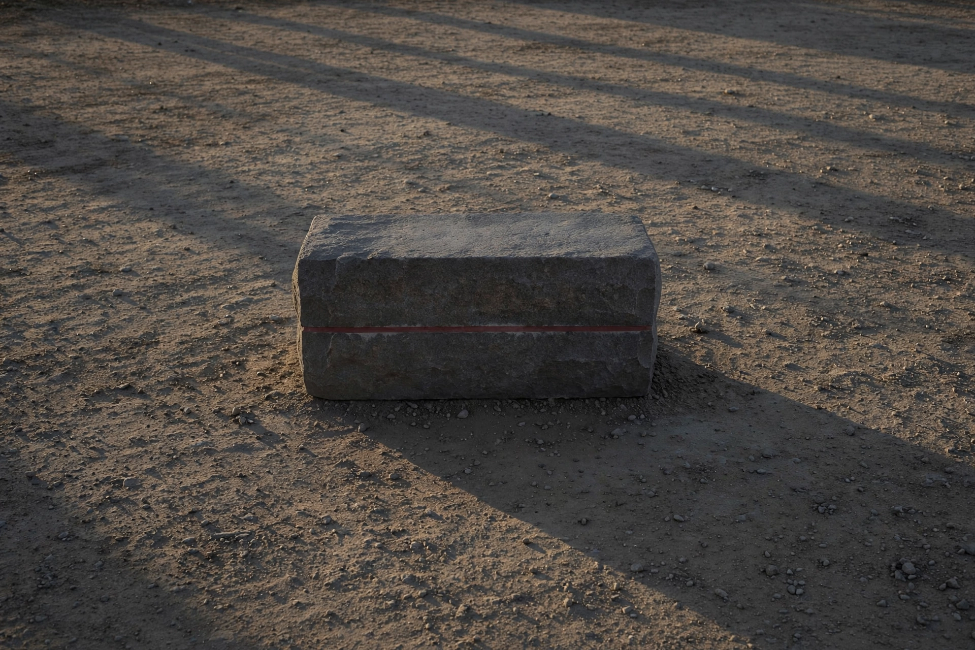 A photograph shows a rectangular granite stone with a thin red stripe sitting on dirt ground with long shadows cast across it.