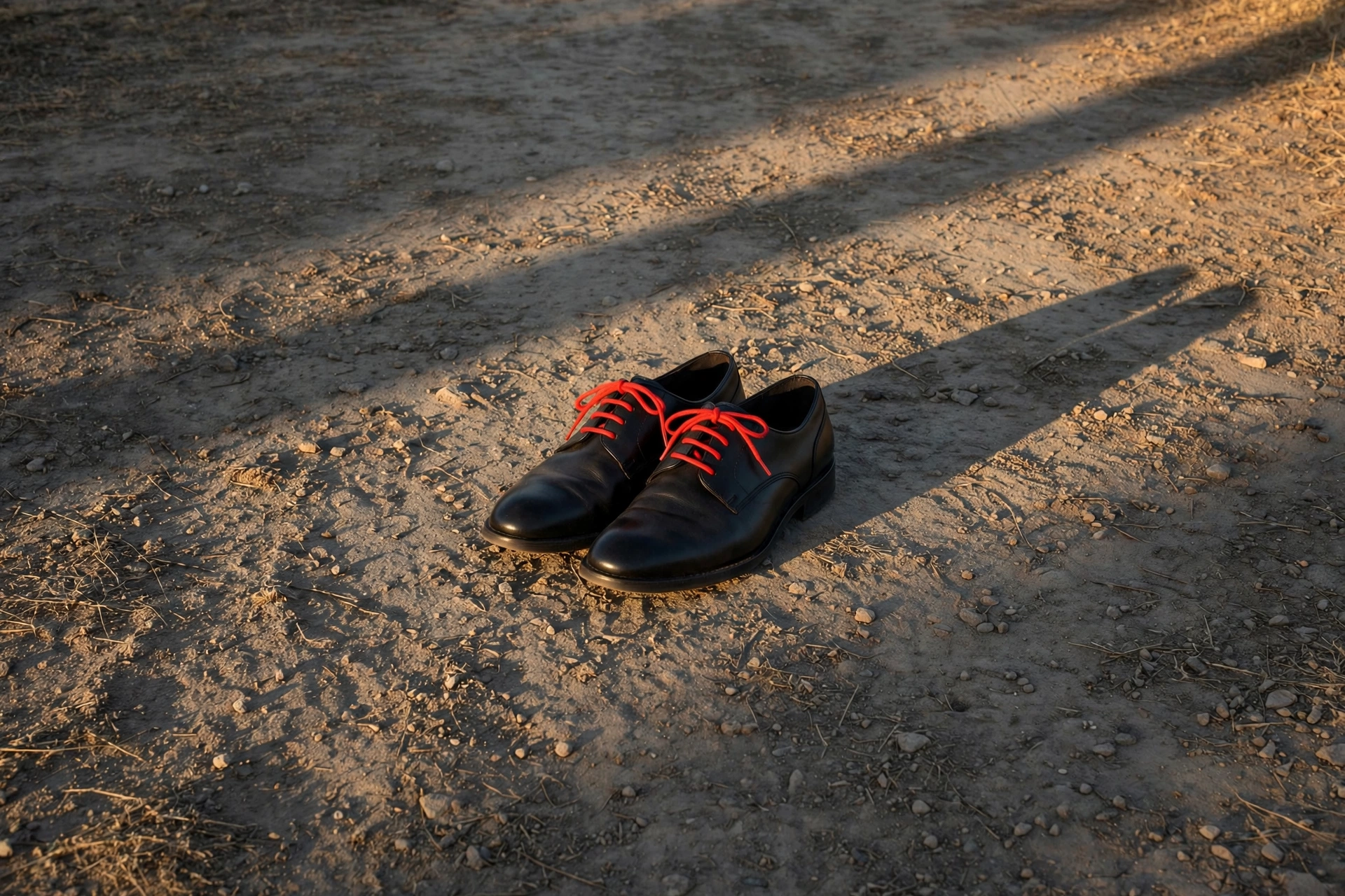 A photograph of a pair of black dress shoes with bright red laces resting on dry, dusty ground.