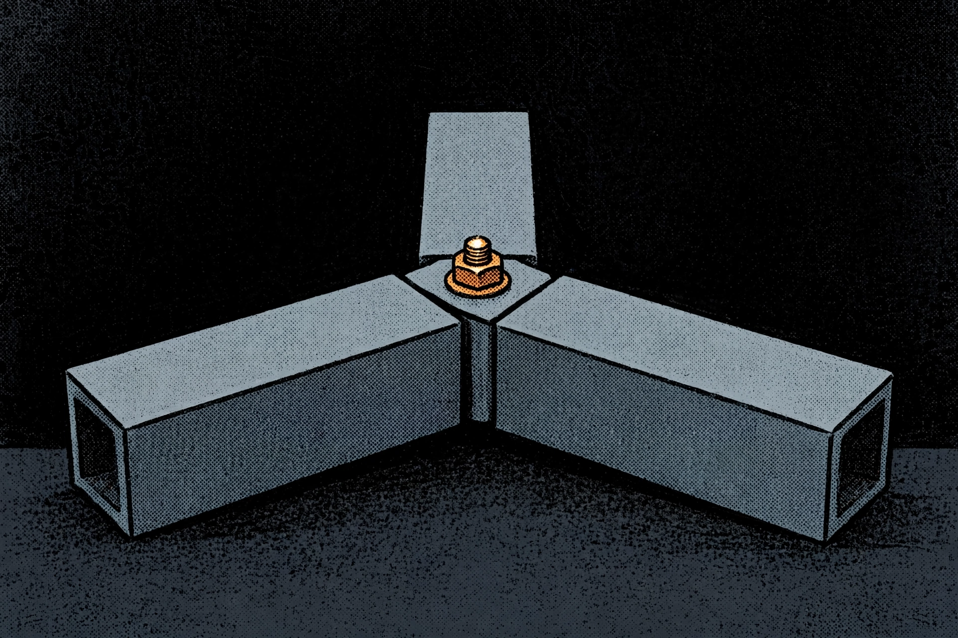 A drawing of three metal pipes joined at a central point with a nut and bolt.
