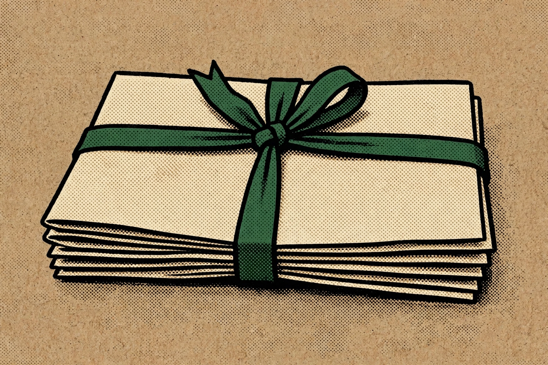 A drawing of a stack of papers tied with a green ribbon.