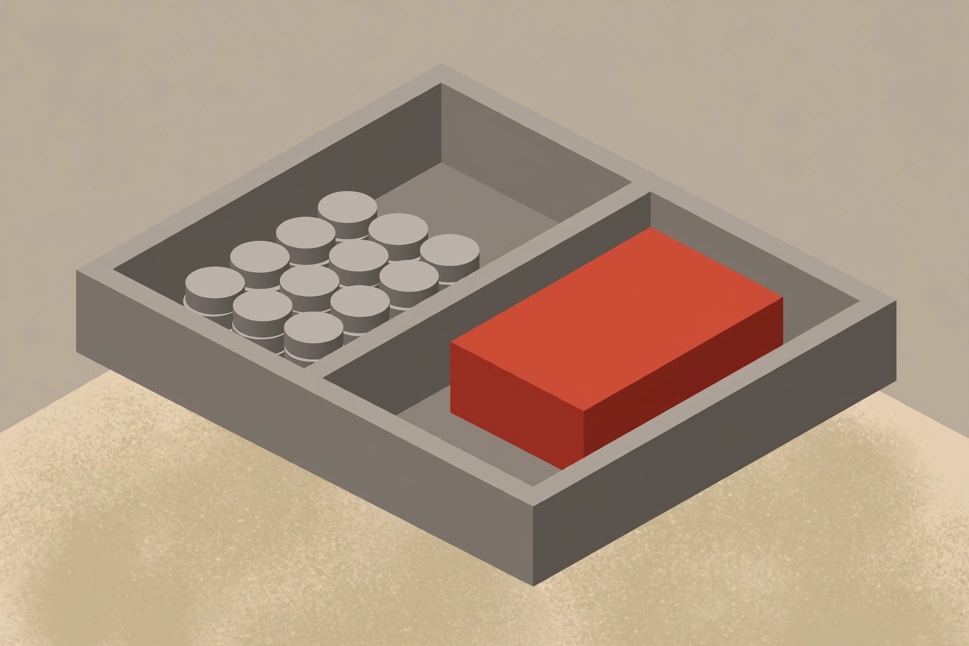 A drawing shows a gray tray with two compartments. The left compartment contains rows of small, gray, cylindrical objects, and the right compartment contains a single red rectangular prism.