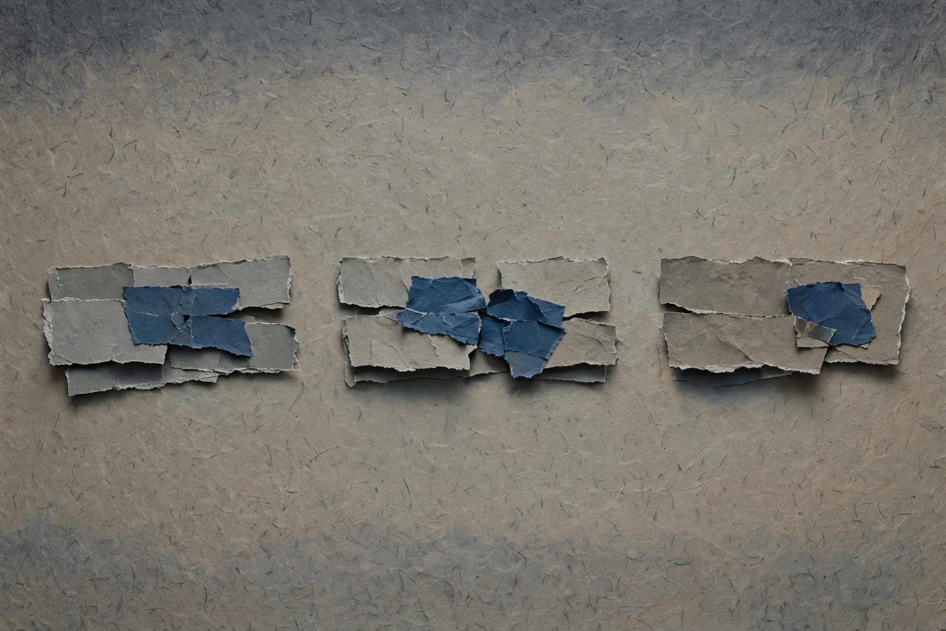 A photograph of three arrangements of torn paper.