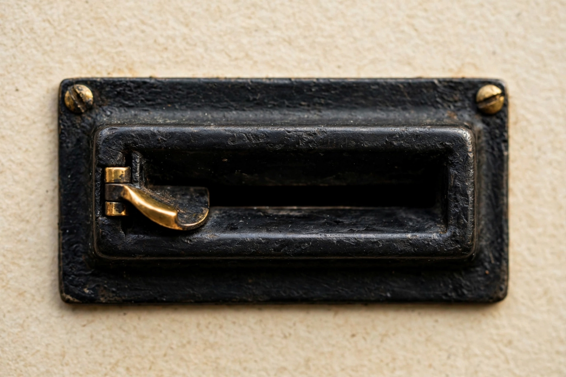 A photograph shows a close-up of a black metal mailbox slot with a brass flap.