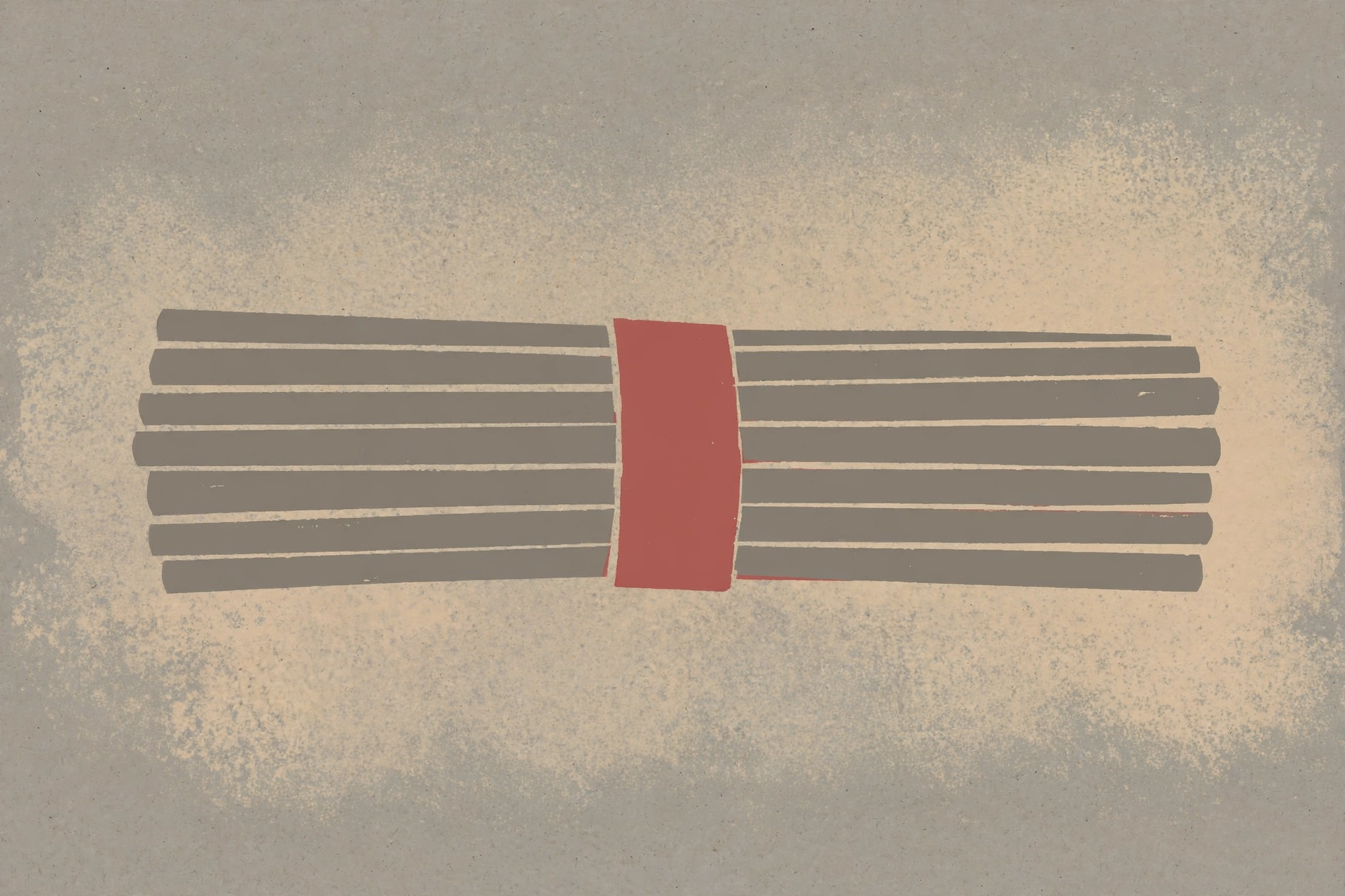 A stylized print of a bundle of grey sticks bound by a red band.
