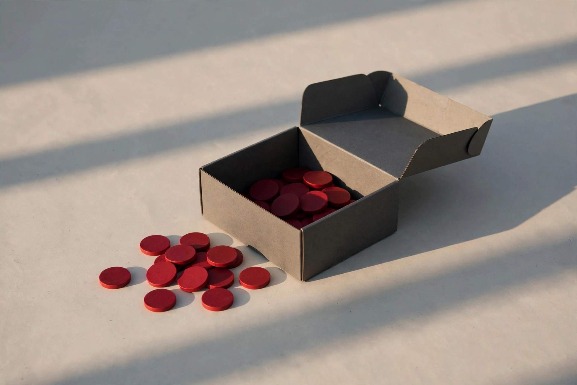 A photograph of an open gray cardboard box filled with red circular tokens, with several tokens spilled on the surface beside it.