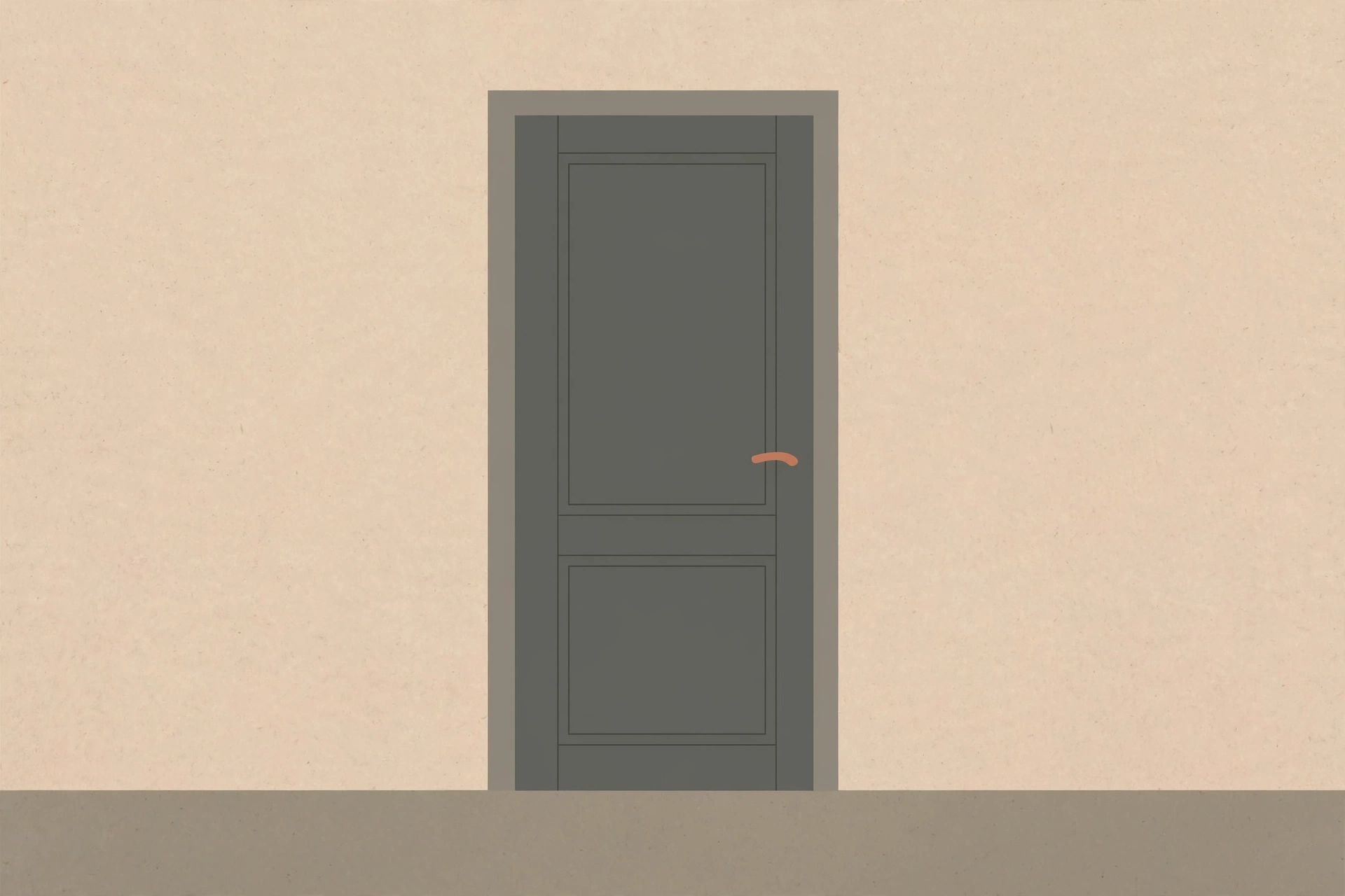 a drawing of a gray door with an orange handle centered on a beige wall above a brown floor.