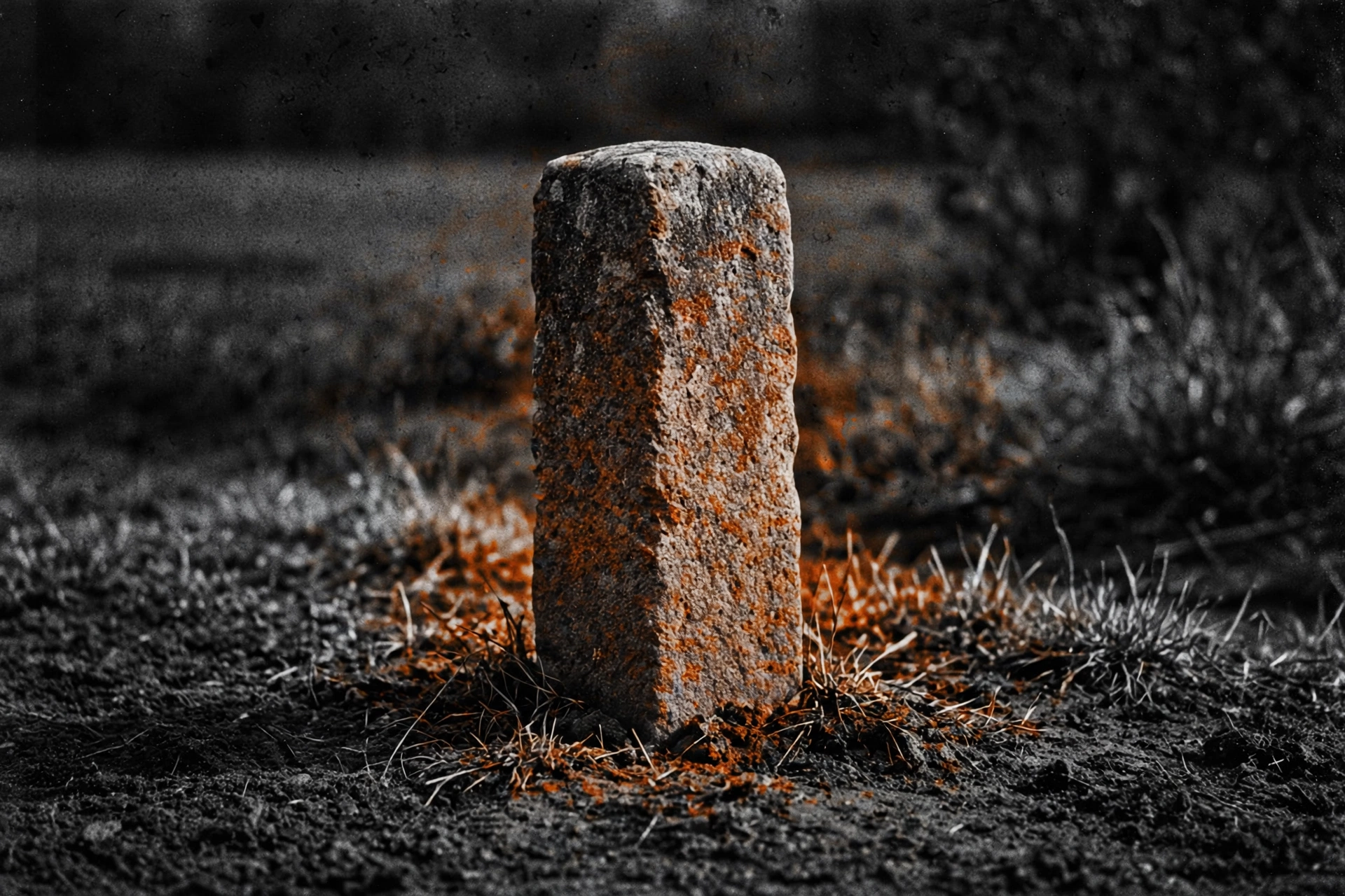 A photograph shows a rectangular stone marker covered in orange lichen.
