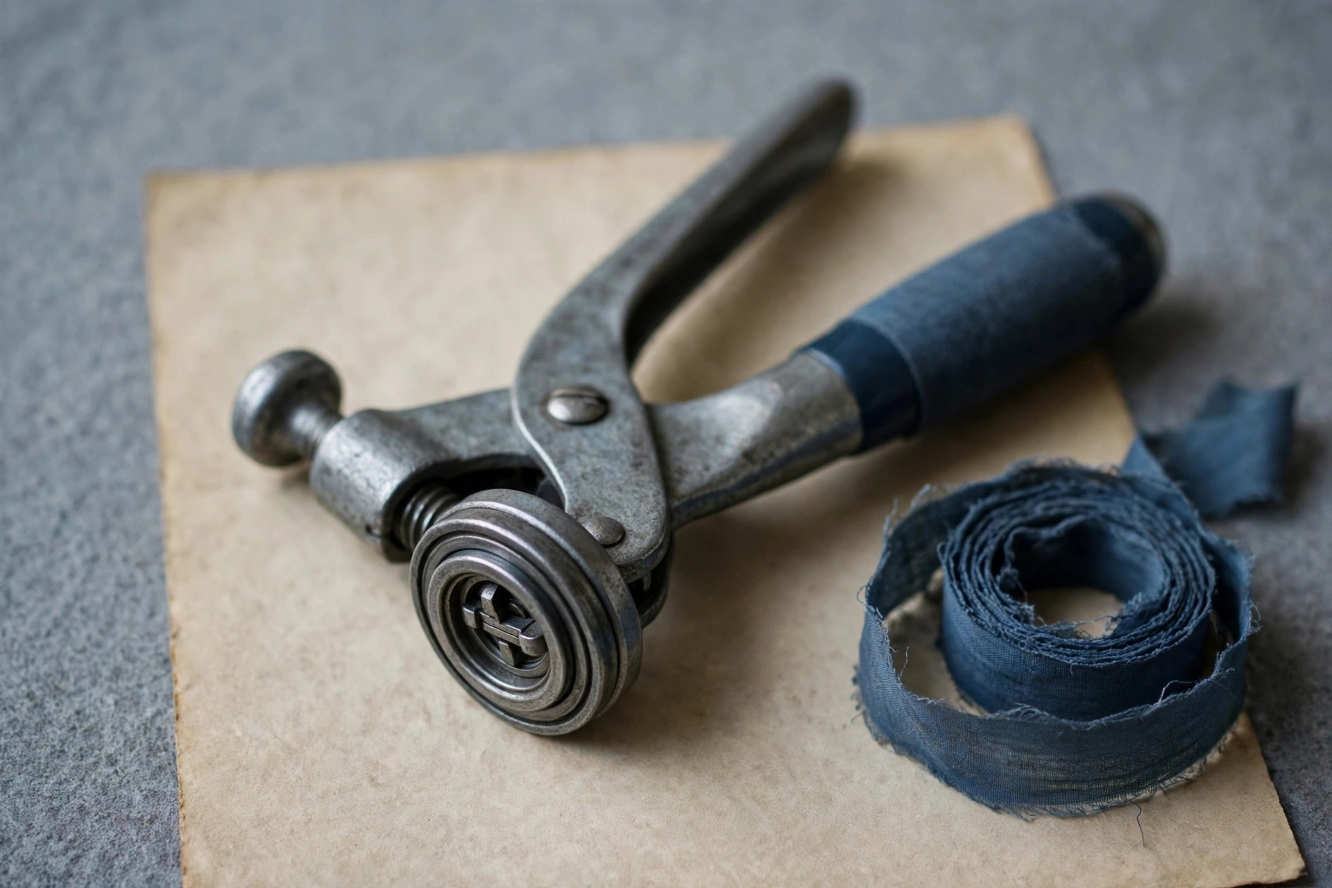 A photograph of a tool and a roll of fabric ribbon.