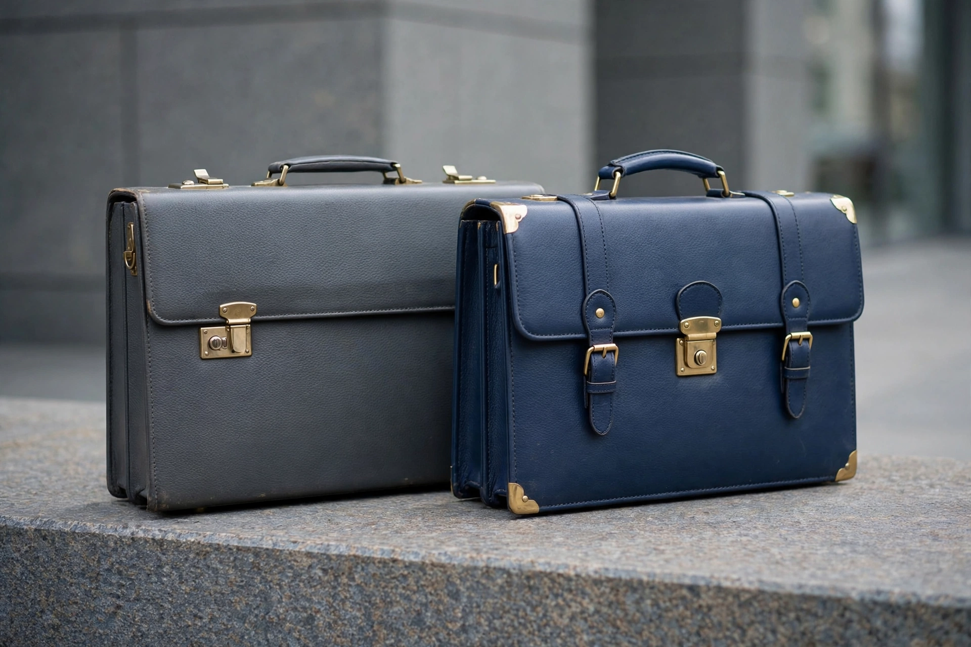 A photograph of two briefcases, one gray and one blue, sitting on a textured surface.