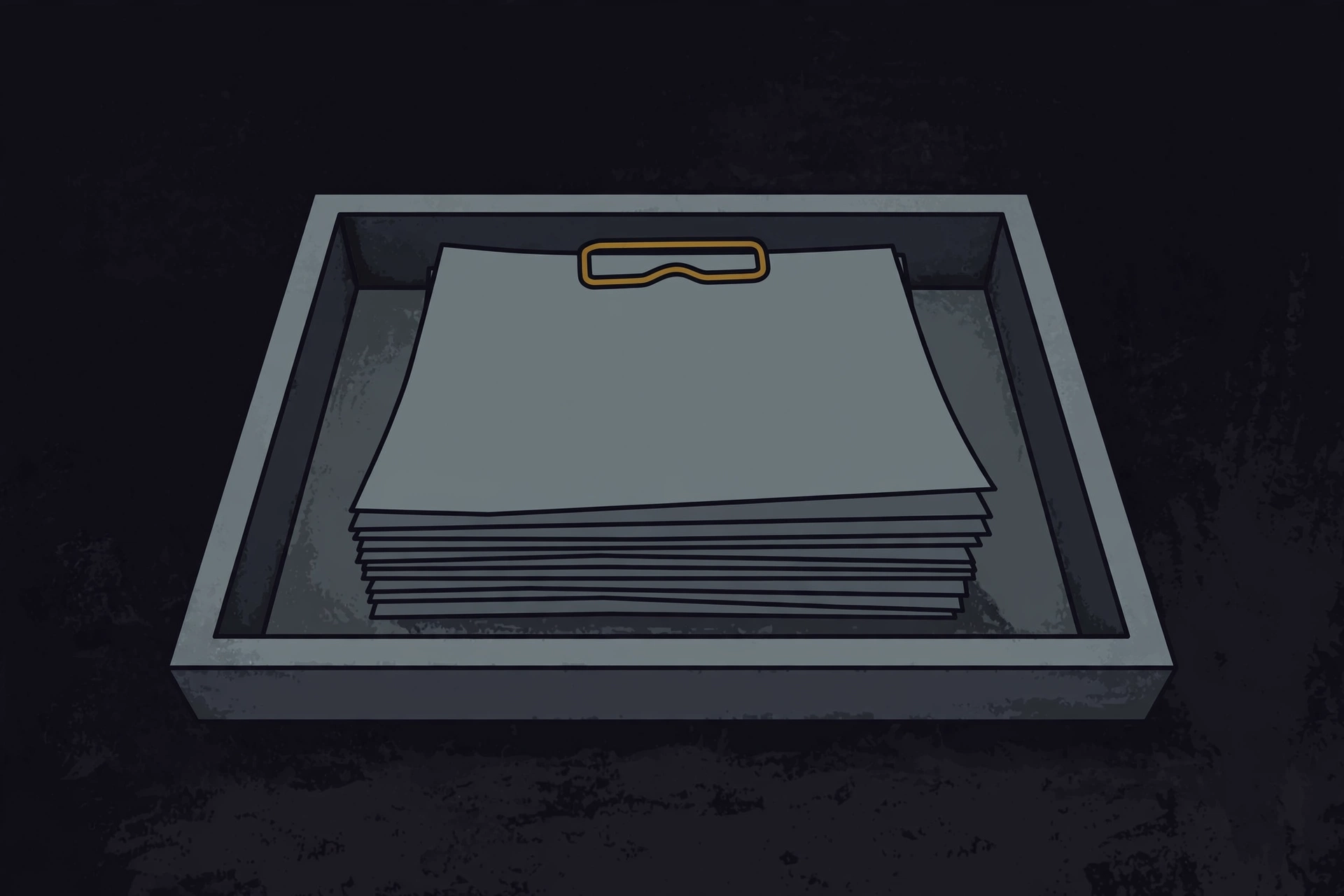 A digital drawing of a stack of blank papers in a tray with a clip.